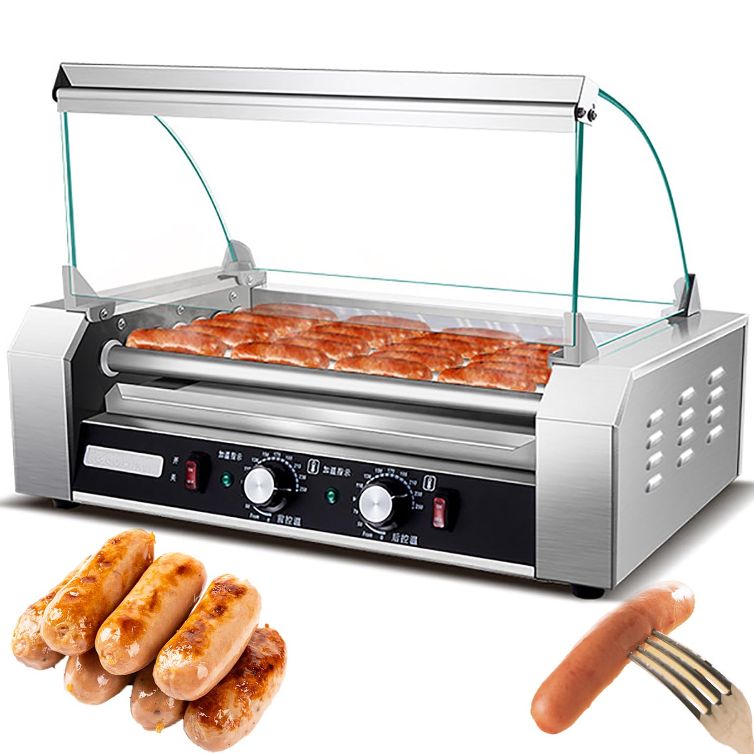 Asador automático comercial de salchichas | Máquina de perritos calientes con control de temperatura dual | Rodillo de 18 perros calientes | Acero inoxidable | Uso doméstico o comercial