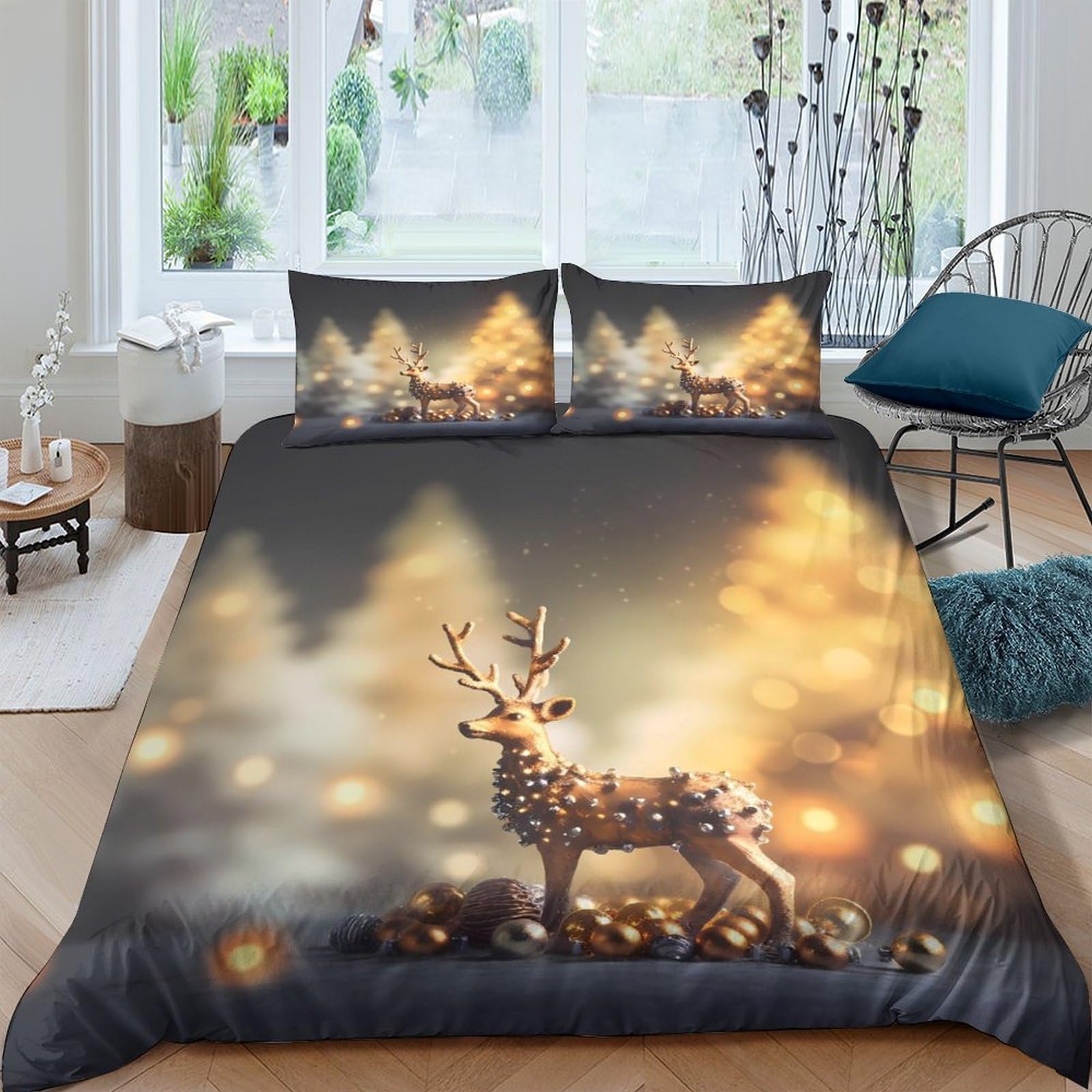 GPLZQXKJNH 3D Printed Golden Reindeer Duvet Cover Microfiber Soft Forest Lights Bedding Set with 2 Pillowcases for Bedroom Decor Single（135x200cm）