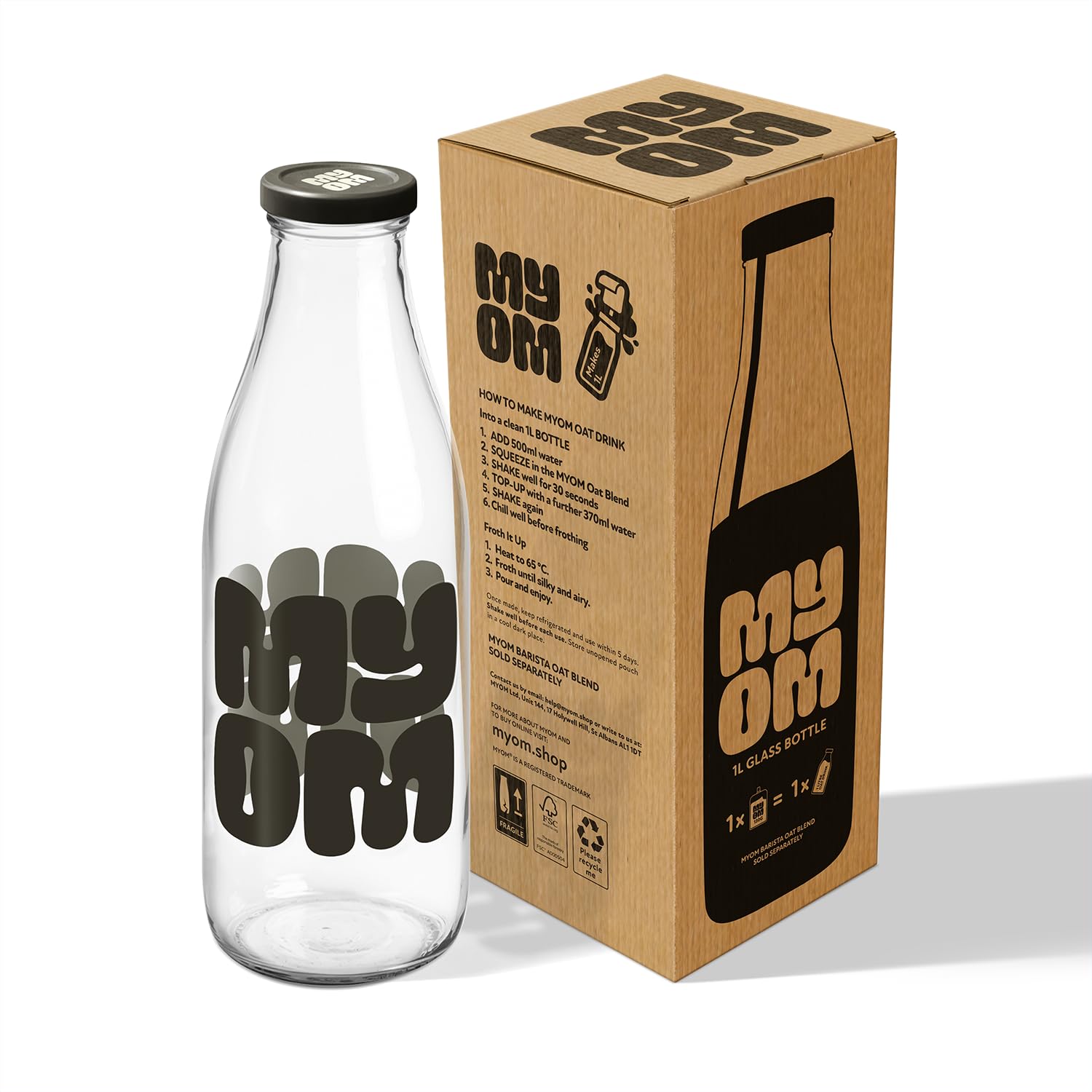 Myom Barista 1000Ml Barista Milk Bottle 1000Ml - Reusable Glass, With Lid