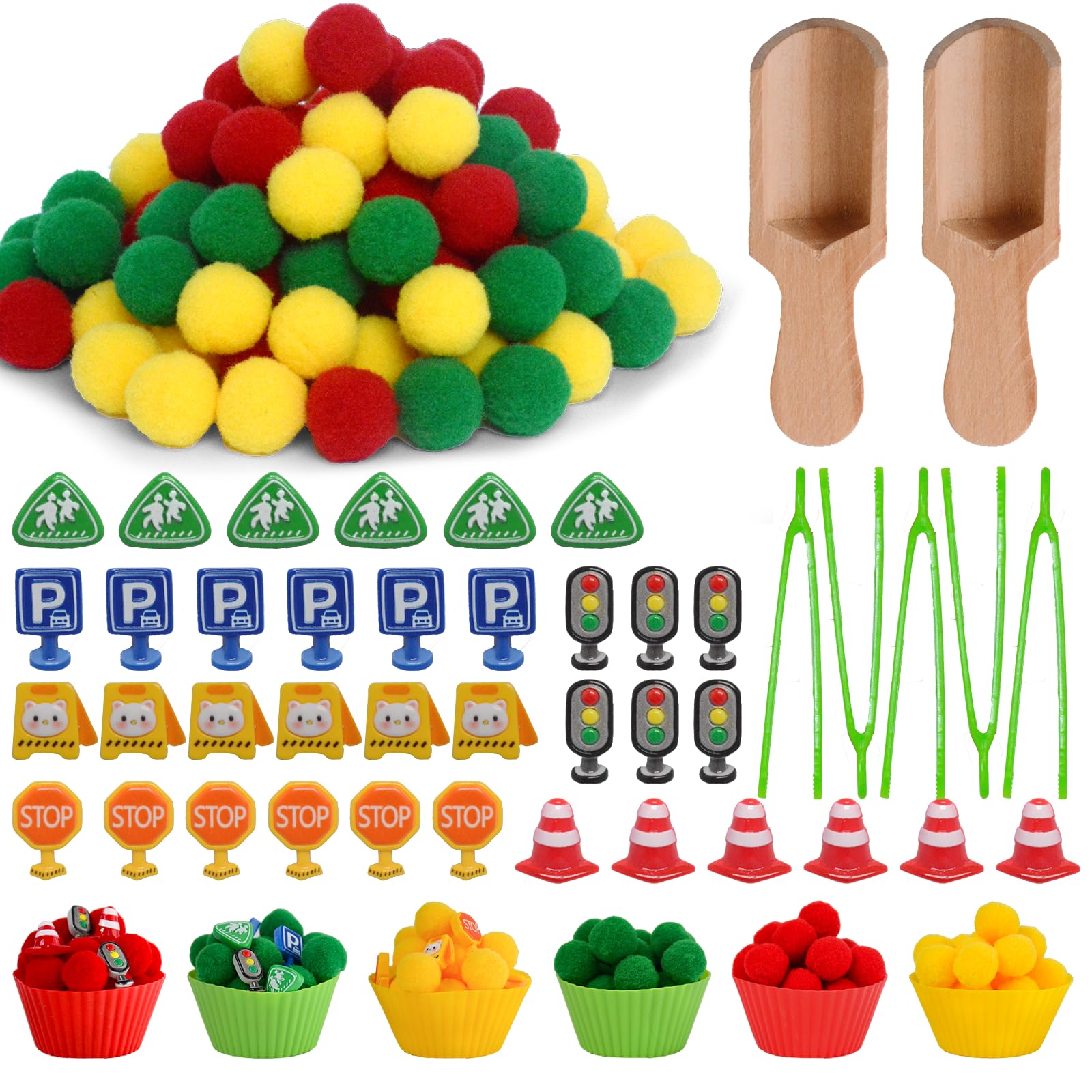 169pcs Traffic Signs Sensory Bin Filler Fine Motor Toys Traffic-themed Sensory Bin Items Traffic Light Stop Sign Traffic Cones Parking Sign Crosswalk Pom Poms for Preschool Color Counting Sorting