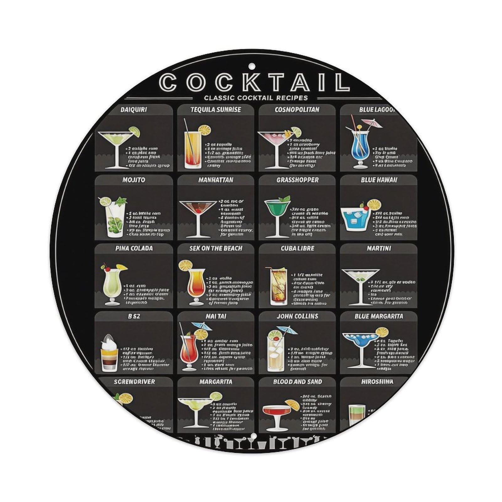 Cocktail Recipe Grid With Classic Drinks Metal Tin Sign Vintage Garden Bedroom Cafe Bar Man Cave Home Wall Decor Metal Poster 8x8 inches