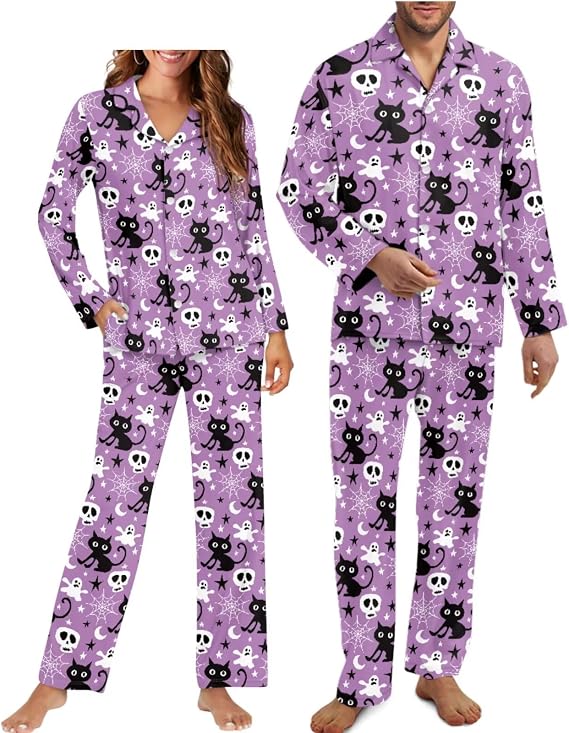 Halloween Couple Pajamas Matching Sets Long Sleeve Pajama Set for Women & Men Button-Down V-Neck Sleepwear House Wear