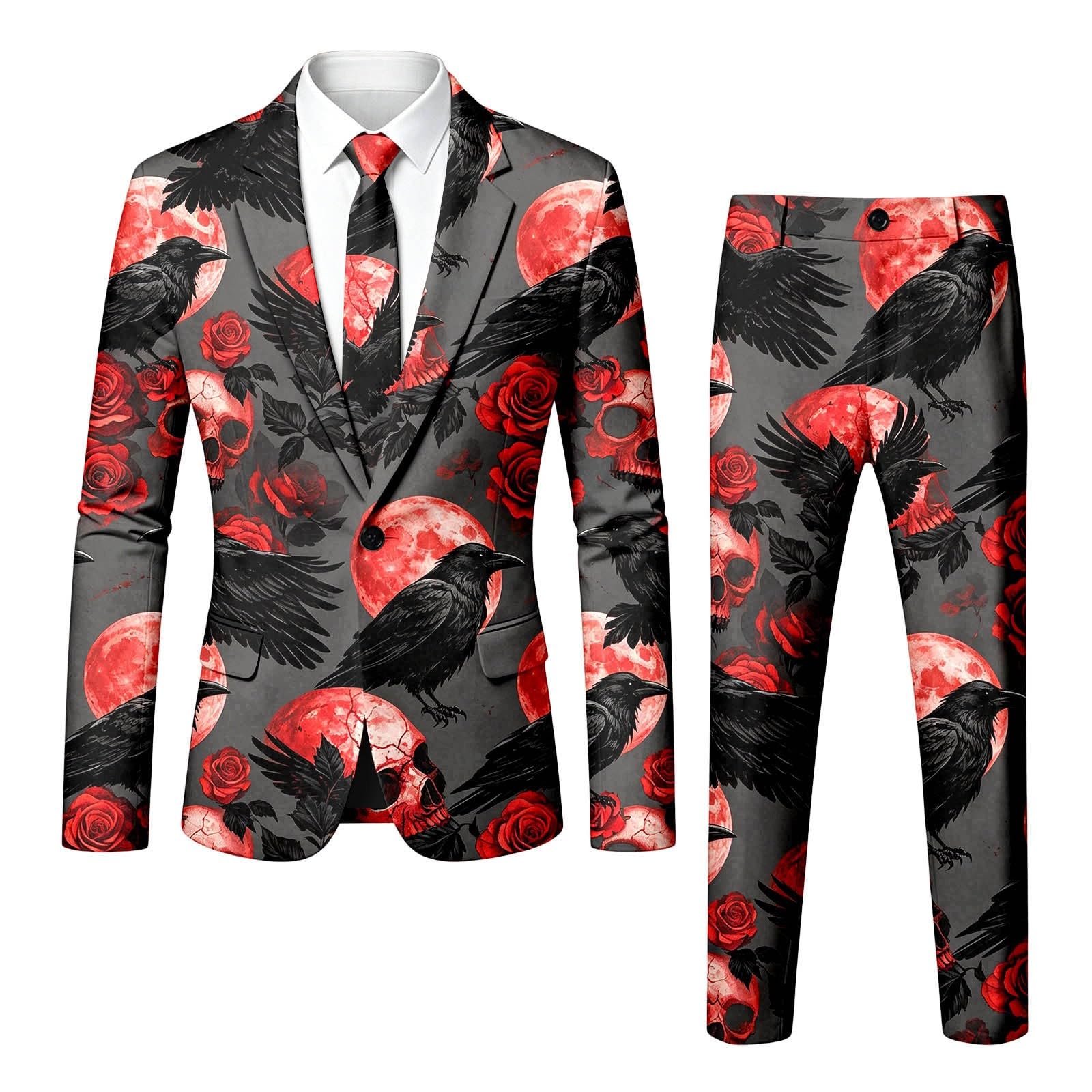 Generisch Slim Fit Herren Halloween Anzug 3 Teilig Elegant Mit Halloween-Print Herrenanzug Anzüge Jacke Stilvolle Sakko Krawatte Für Partys Veranstaltungen Blazer Mantel Festlich Kostüm