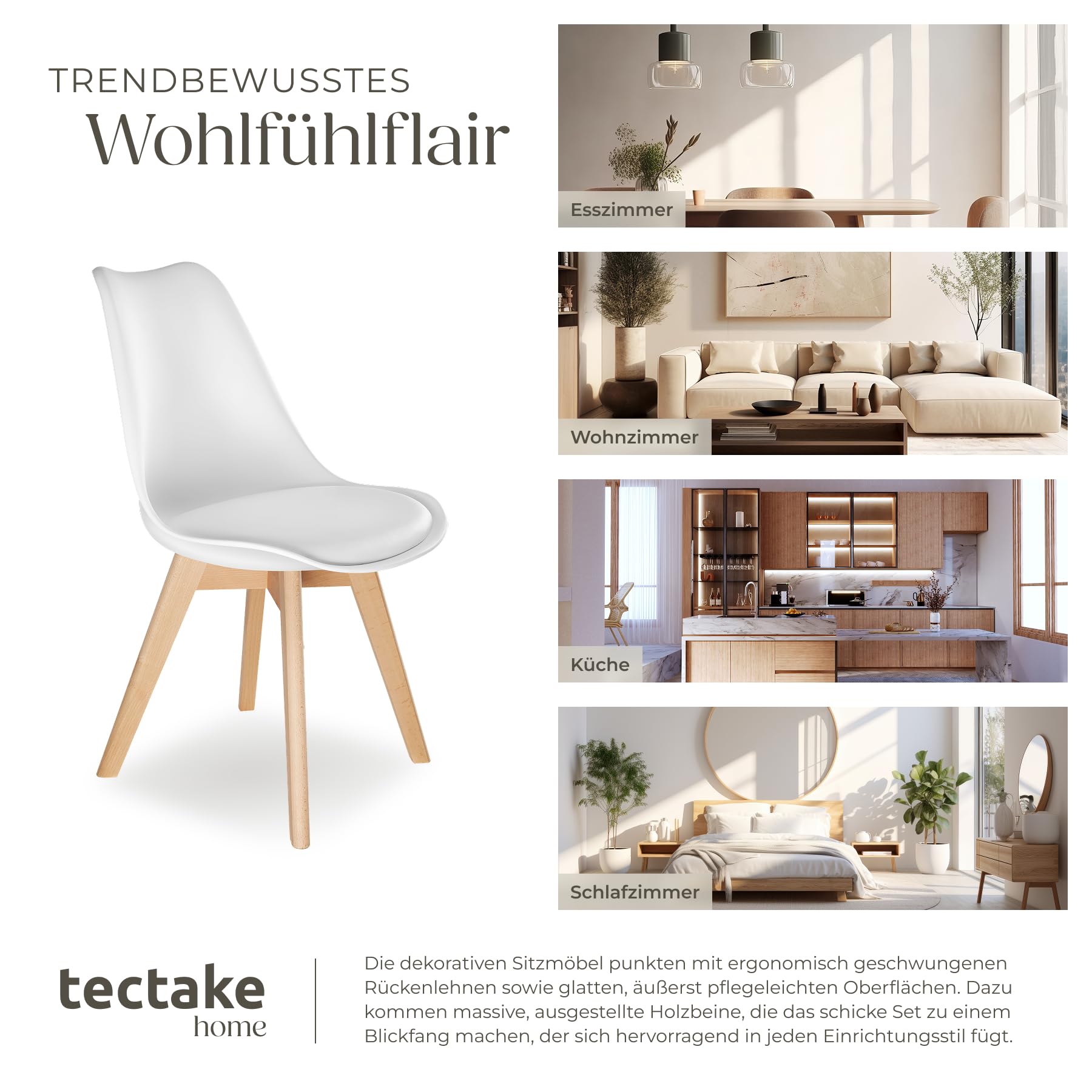 tectake® 2er Set Esszimmerstühle, Stühle, Küchenstühle modern, Essstühle, Stuhl für Wohnungseinrichtung skandinavisch, Küchenstuhl oder Esszimmerstuhl, Holzstuhl, Esszimmermöbel - weiß, 2er Set