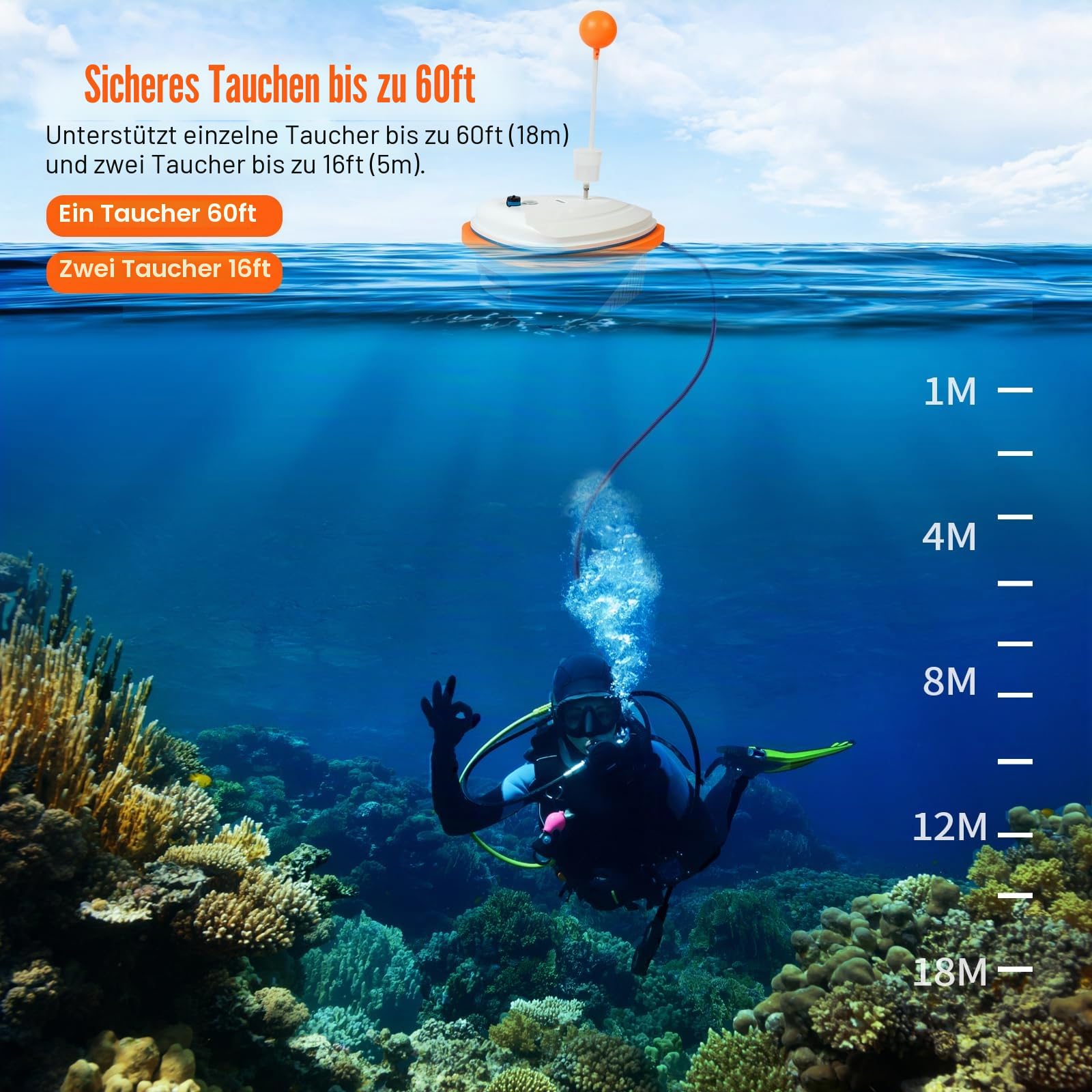 Tauchsystem, Unterstützung 2 Taucher Tauchventilator mit 18,3 m Schlauch Tauchen Atemregler Unterwasser Atemgerät Scuba Tankless System