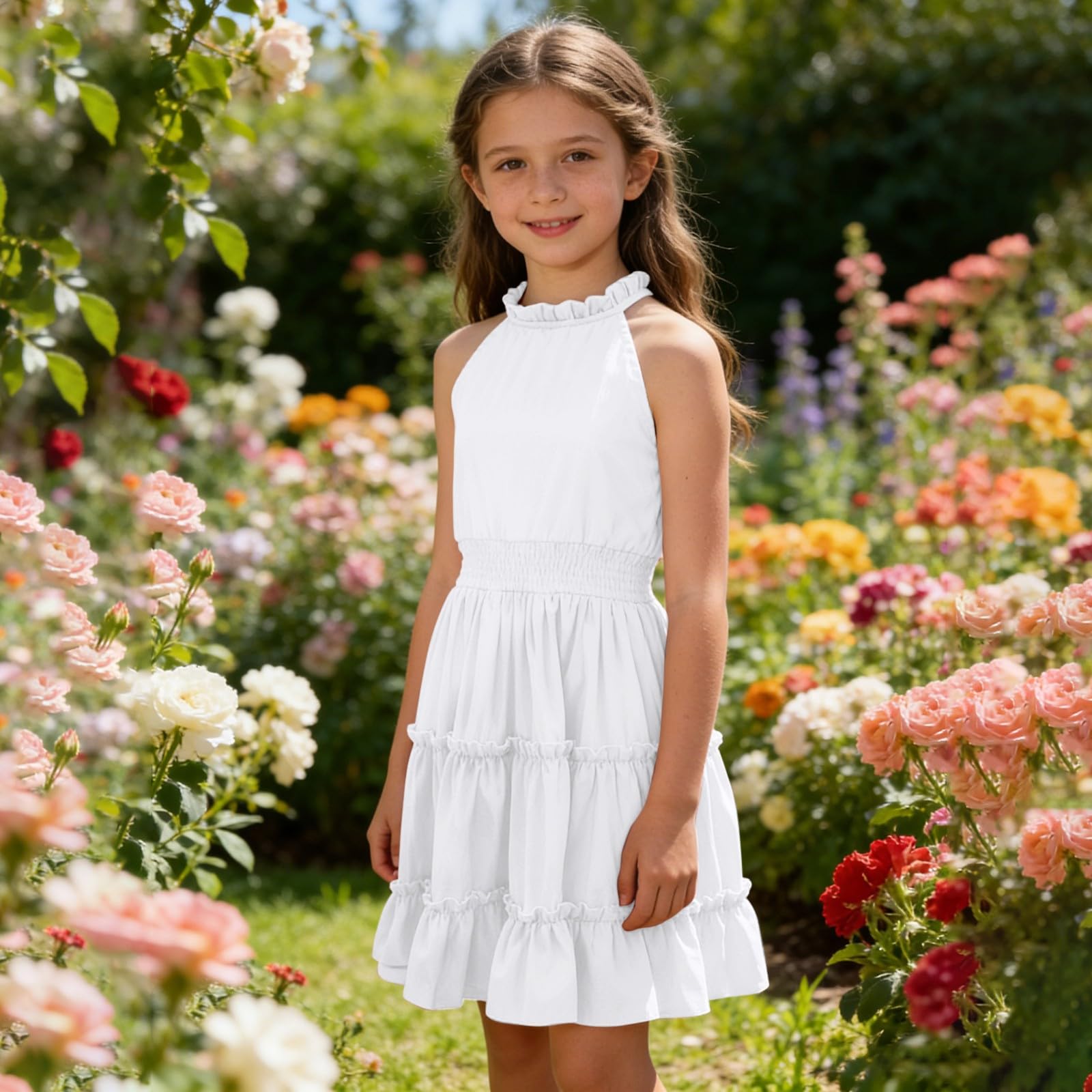 Vestito estivo per ragazze con spalle scoperte casual fluente punto smocked A Line Dress bambini senza maniche Swing abiti da festa con volant a strati prendisole festivo