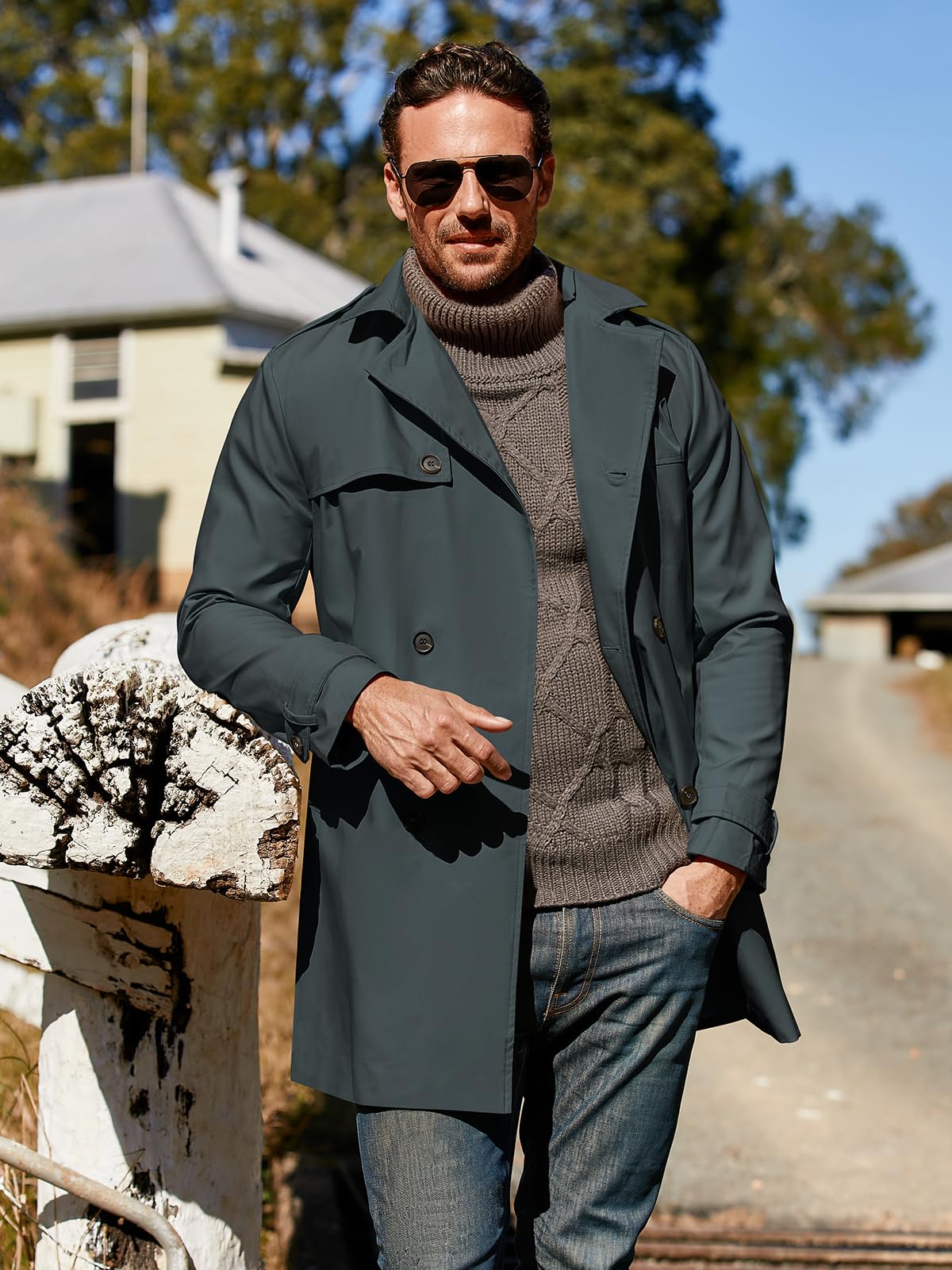Pretifeel Trenchcoat für Herren, schmale Passform, zweireihig, lang, gekerbter Revers-Gürtel, winddichter Herbstmantel
