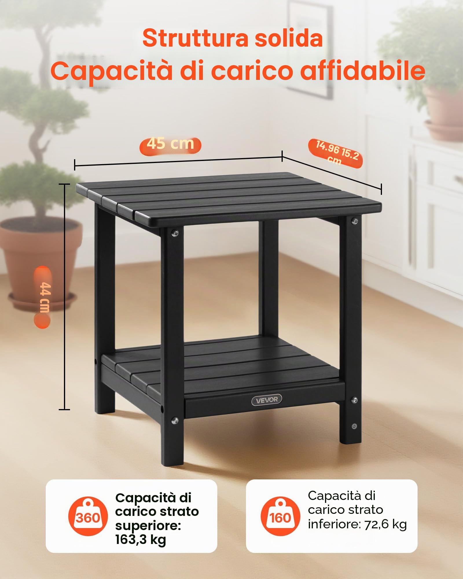 VEVOR Tavolino da Giardino 2 Ripiani 45 x 38 x 44 cm, HDPE, Tavolino da Esterno Mobiletto per Cortile per Bordo piscina, Spiaggia, Veranda, Balcone, Interno, Nero