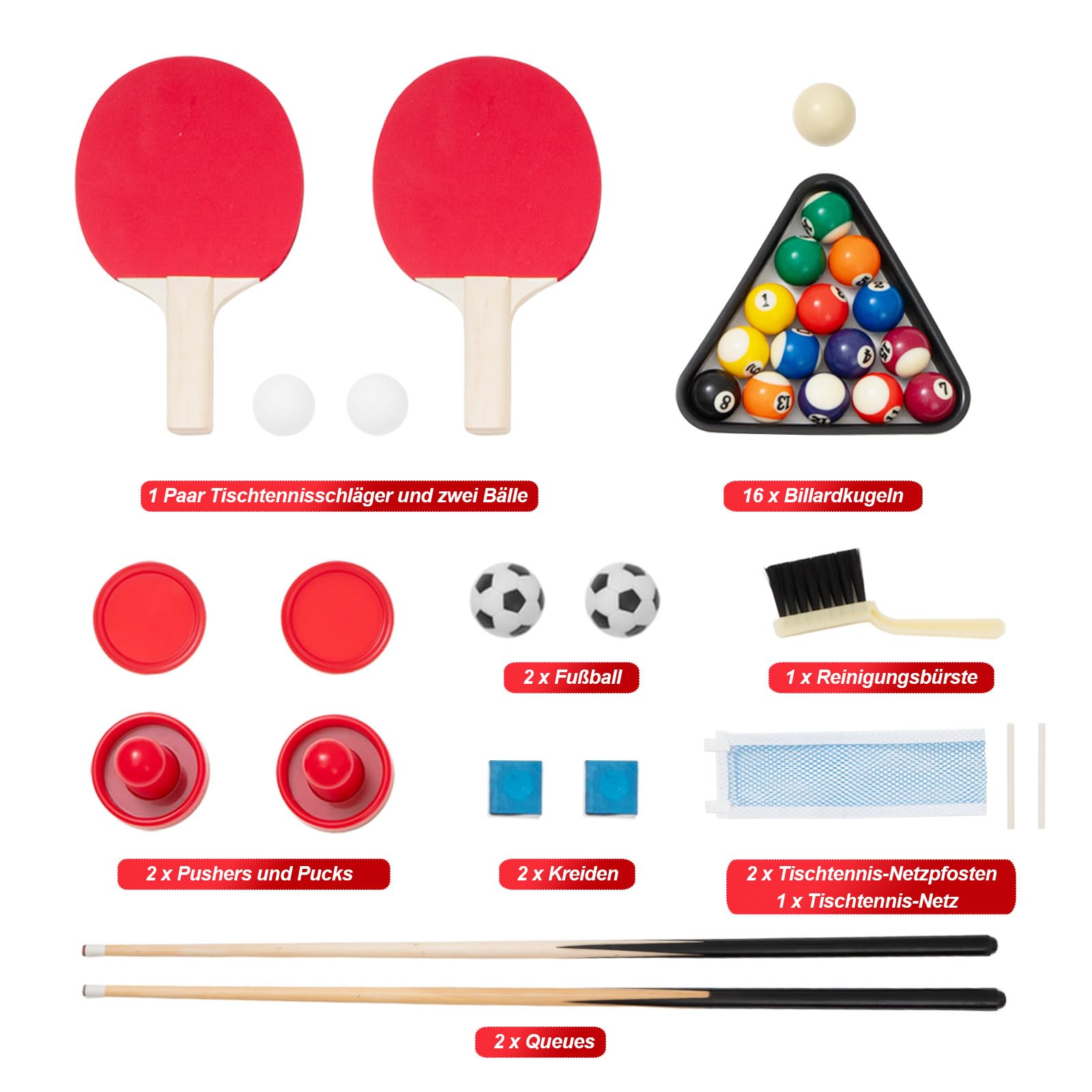 4-in-1 Multi Spieltisch, Multifunktionale Spieltische mit Tischkicker, Billard, Airhockey, Tischtennis, Multifunktionstisch Multiplayer Inkl. komplettem Zubehör, für Heimspielzimmer, Partybars, Kinder