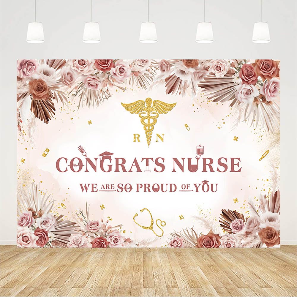 Fotohintergrund Für Krankenschwestern-Abschluss – „She Is Ready To Call The Shots“, RN 2025, Rosa Blumen, 2,1x1,5 M