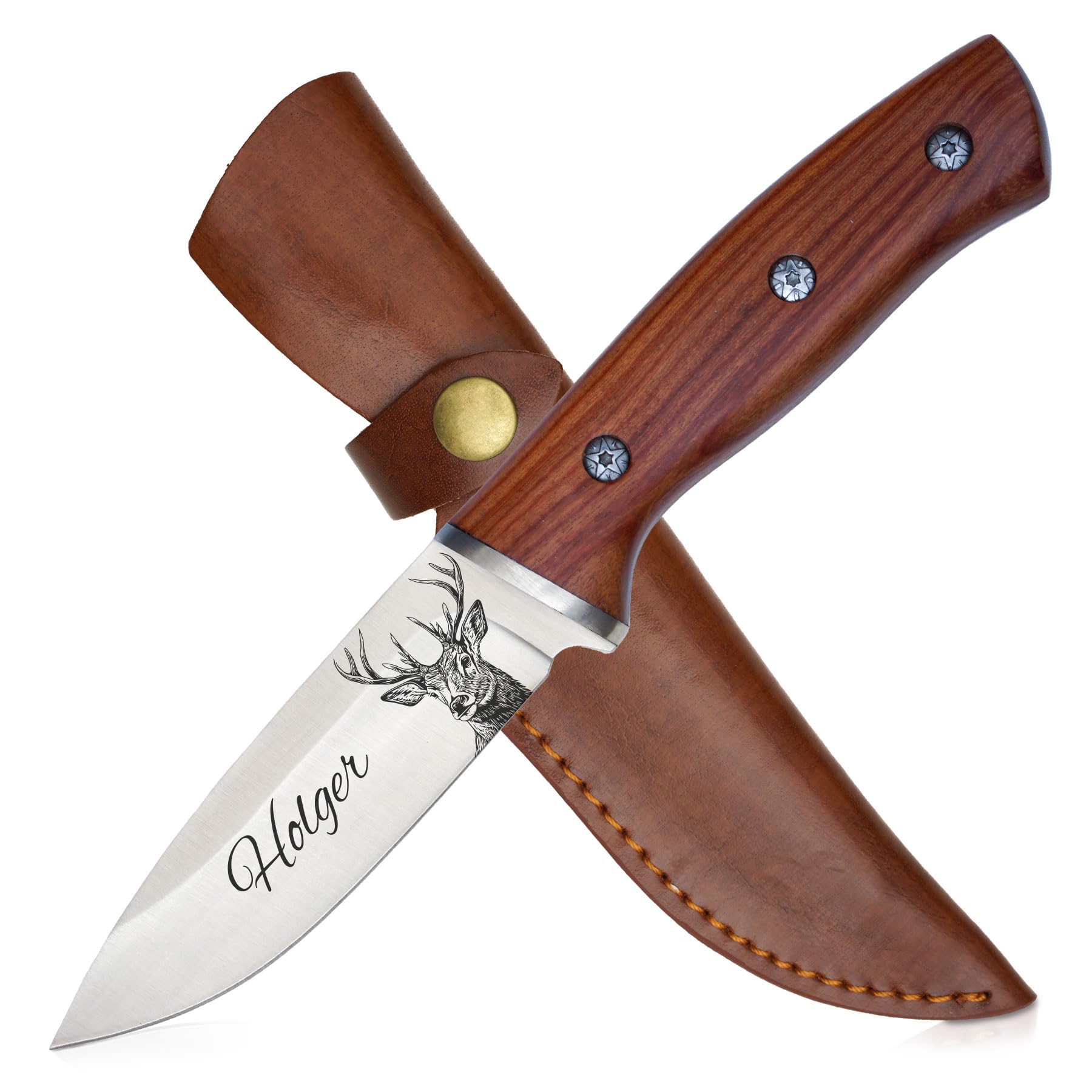ADAM WILD Jagdmesser mit Gravur | personalisierte Jagd-Geschenke für Jäger | Wildsau, Hirsch, Wolf, Reh & Fuchs mit Wunschname graviert | rostfreier Edelstahl, Holzgriff & Lederscheide | Jagdzubehör