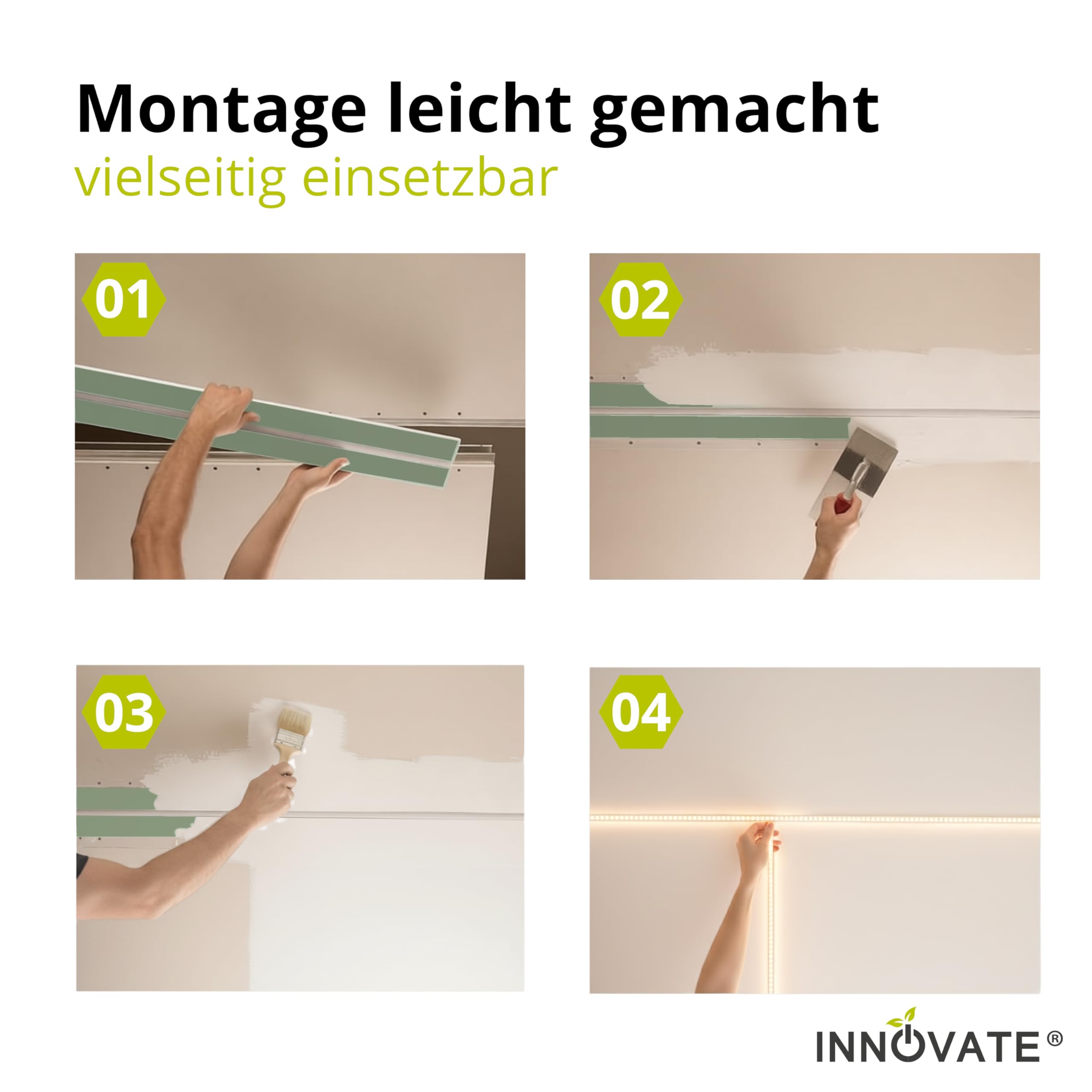 INNOVATE Rigipsplatten LED Profil Trockenbau inkl. Diffusor [1 läufig 1m] Gipskartonplatten für LED Streifen I Trockenbauplatten Aluminium Profil Decke I Kabelkanal Unterputz Indirekte Beleuchtung