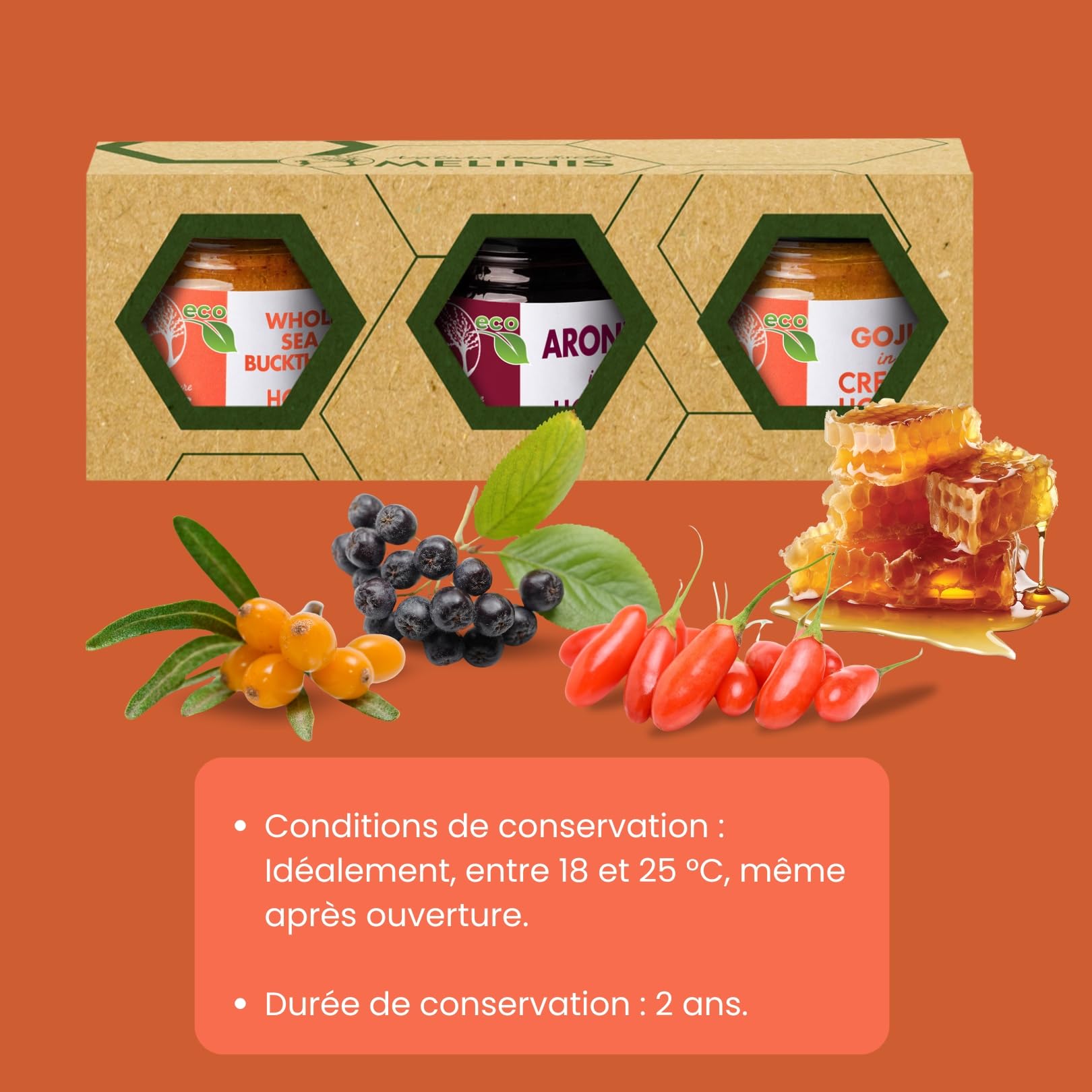 Coffret Dégustation “Explosion de Vitamines” 3 × 40 g – Miel Bio Tartinable à l’Argousier, à l’Aronia et au Goji – Sans Sucre Ajouté – Pour Petit-Déjeuner, Snacks et Cadeaux Gourmands – Melinis