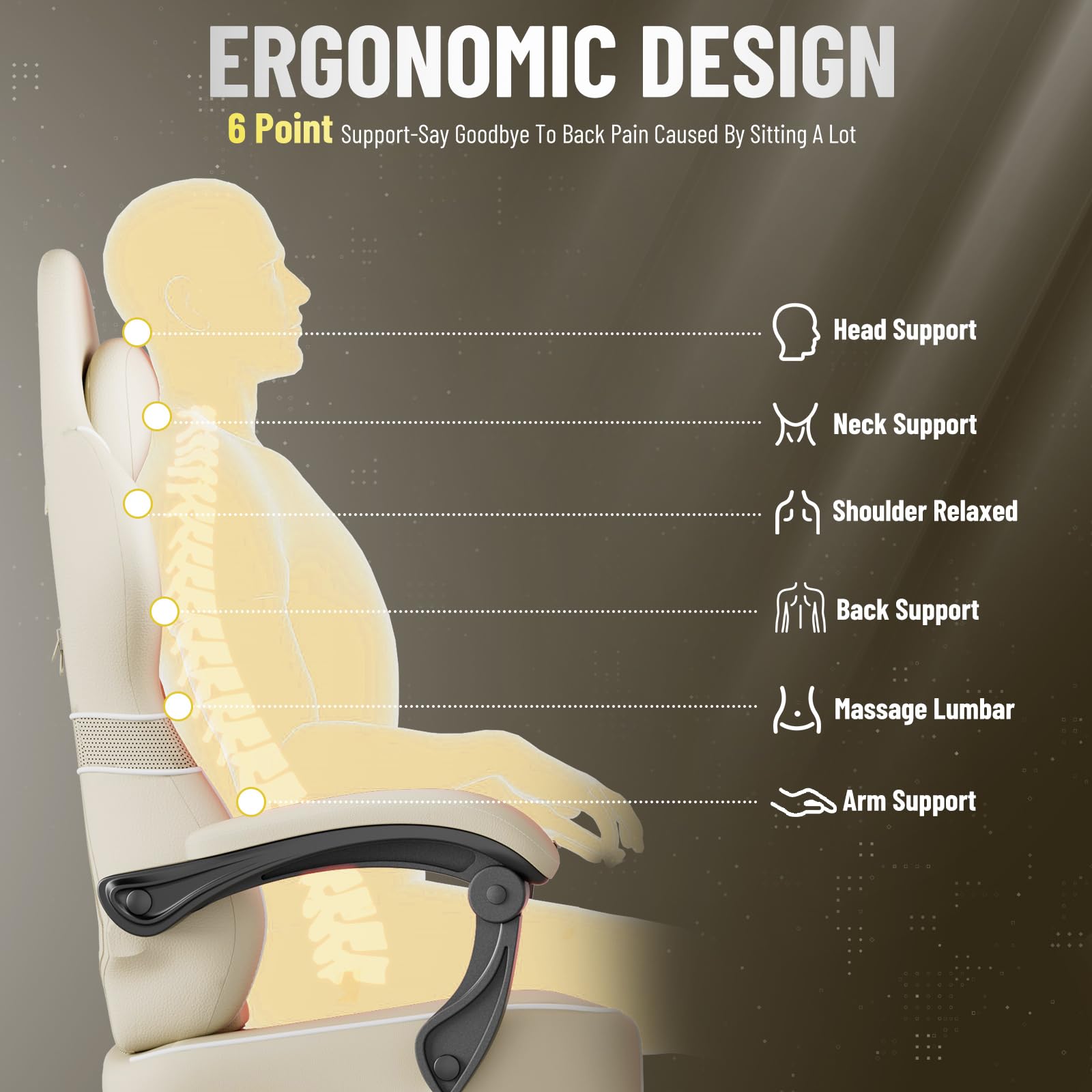 Huracan Chaise Gaming, Fauteuil Gamer avec Massage, Gaming Chair Ergonomique pour PU, Siège de Bureau Gaming réglable et pivotante à 360°, Chaise Gamer avec Repose-Pieds, Beige