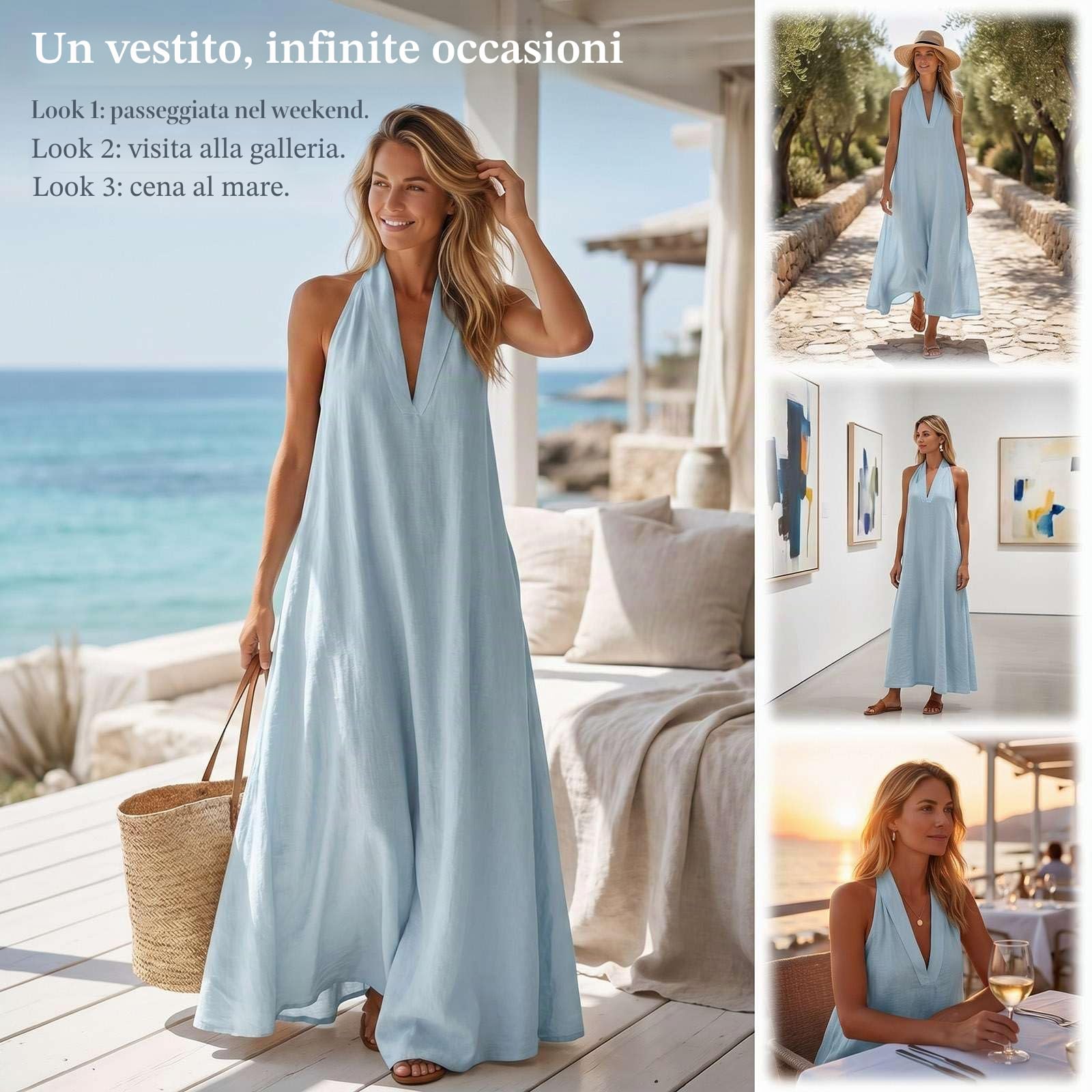 Abito Lungo Minimalista ed Elegante da Donna 2026, Abito Estivo in Lino con Scollo a V e Collo Allacciato con Tasche
