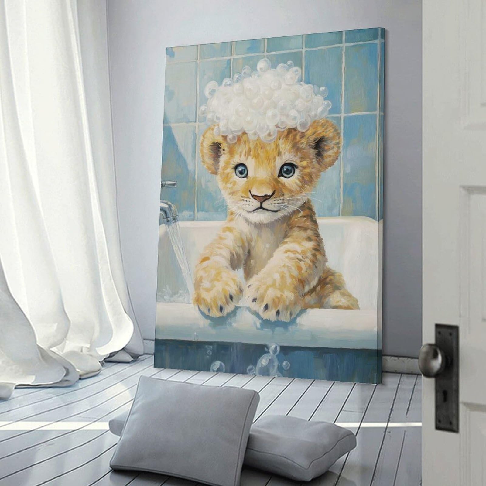 Junmoney Room Decor Wall Art Lion Cub Bath Time, 24x36inch(60x90cm), for Gallery Wall Decor And Room Displays, An Easy Match for Collected Prints