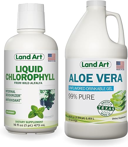 Land Art Pure Aloe Vera Gel Bebible Sin Sabor 64 fl oz + Clorofila Líquida Sabor Menta 16 fl oz