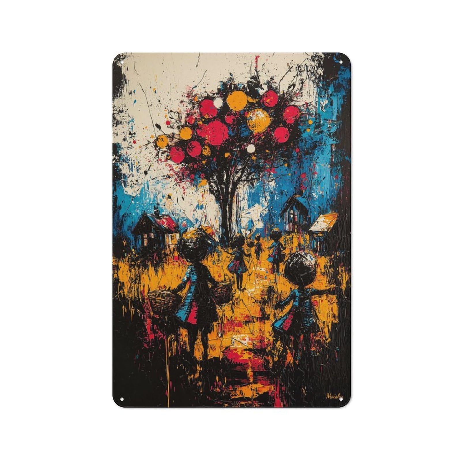 Junmoney Harvest Of Dreams – Expressionist Surreal Vil Lage Scene Retro Metal Wall Sign 30X20cm For Home Office Or Studio, Winter Wall Decor For Home Office Decor Fans