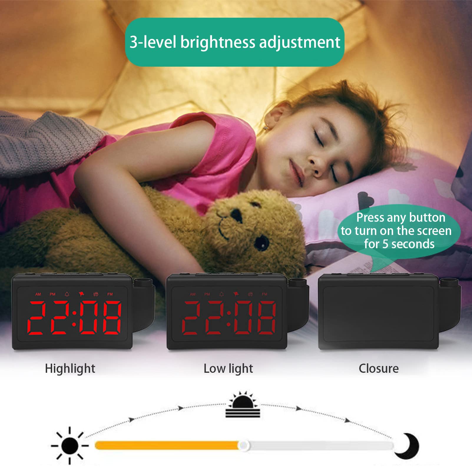 Radio-réveil à Projection FM, avec Port USB avec Double Alarmes, Interrupteur 12/24 Heures - pour Chambre à Coucher, Bureau