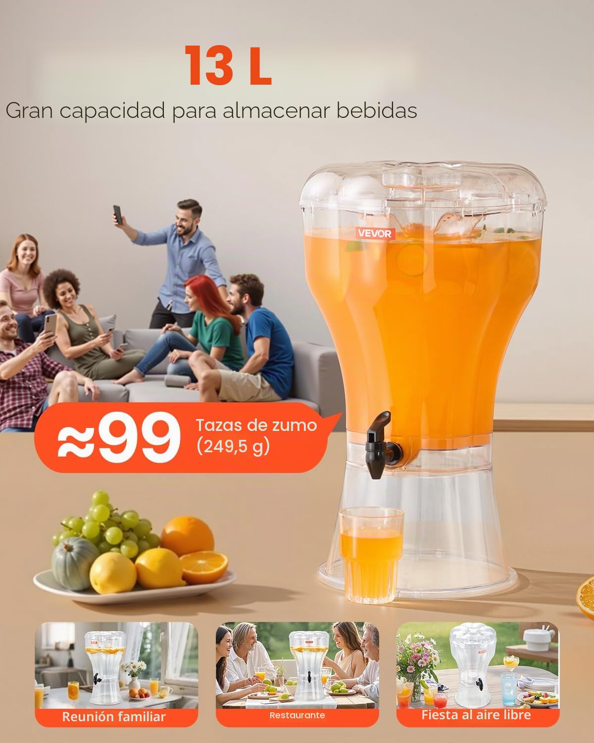 VEVOR Dispensador de Bebidas de 13 L para Fiestas, Plástico, con Grifo Antigoteo, Dispensador de Agua para Té Helado, Limonada, Zumo, para Restaurantes, Hoteles y Fiestas, 330 x 330 x 540 mm