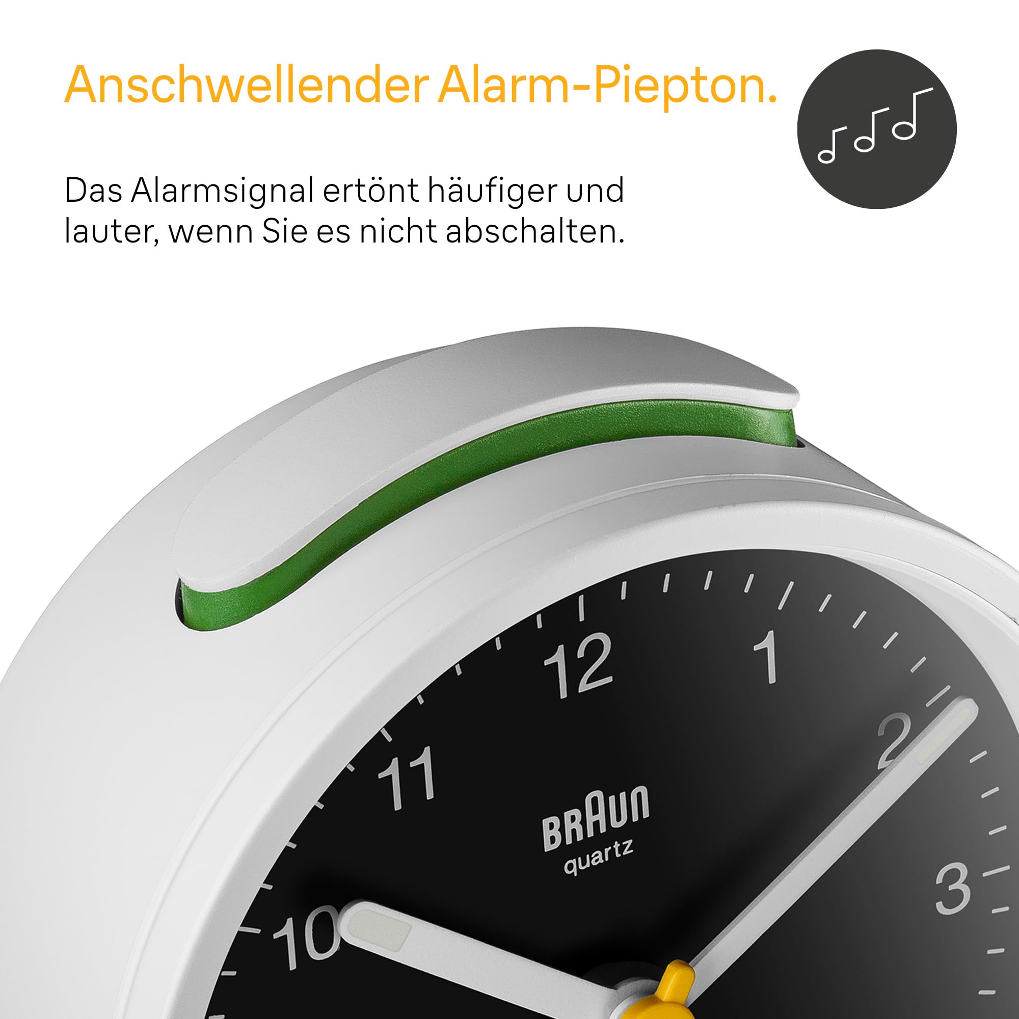 Braun Klassischer analoger Wecker Schlummerfunktion und Licht, ruhiges Quarzuhrwerk, Crescendo-Alarm in Weiß und Schwarz, Modell BC12WB.