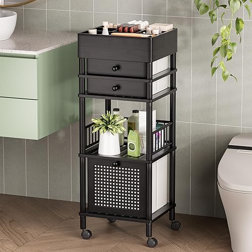 Amazer Carrito organizador de maquillaje de bambú con 3 cajones, almacenamiento para el cuidado de la piel del suelo para baño, dormitorio, carrito