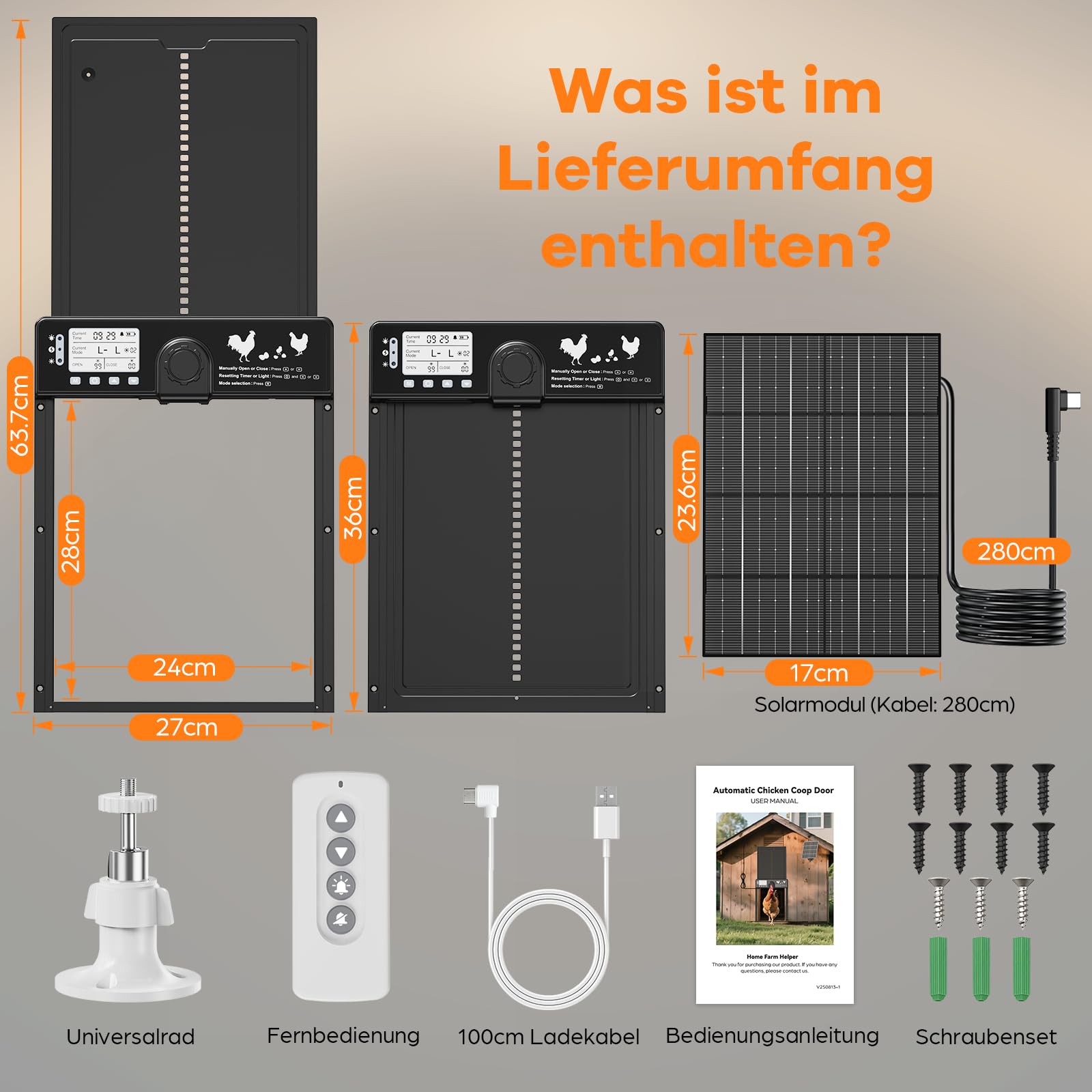 CHAMUTY Große Automatische Hühnerklappe Solar, Aluminum Elektrische Hühnerklappe Automatisch mit Lichtsensor, Zeitschaltuhr, LCD Display, 15M Fernbedienung, Intelligenter Einklemmschutz und Alarm