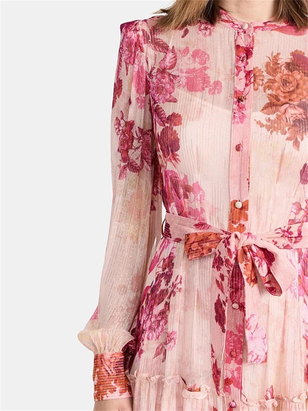 Patchwork Lace Up Printing Vintage Dresses Women Round Neck Long Sleeve High Waist Spliced Button Elegant Dress