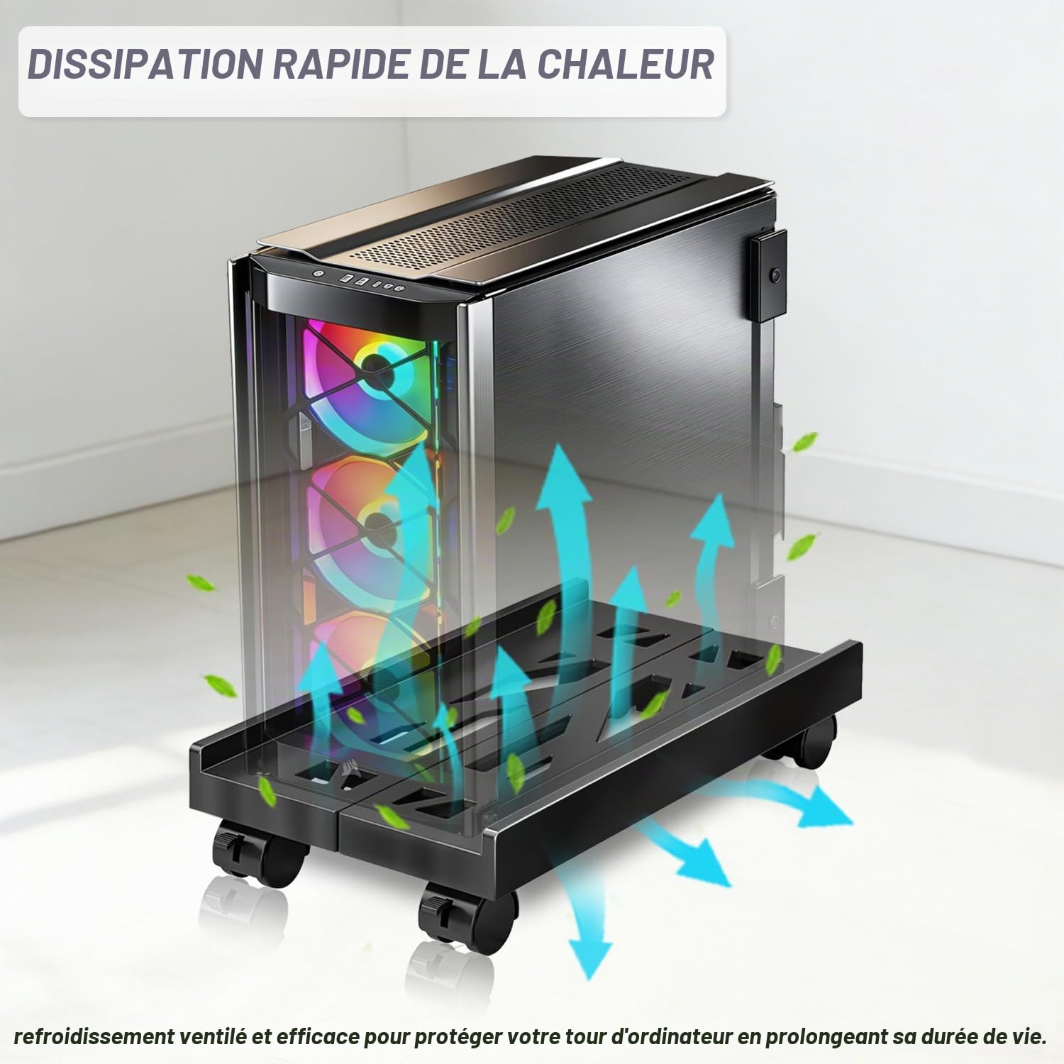 Support CPU réglable universel pour PC ordinateur de bureau avec roues pivotantes et roulettes Noir