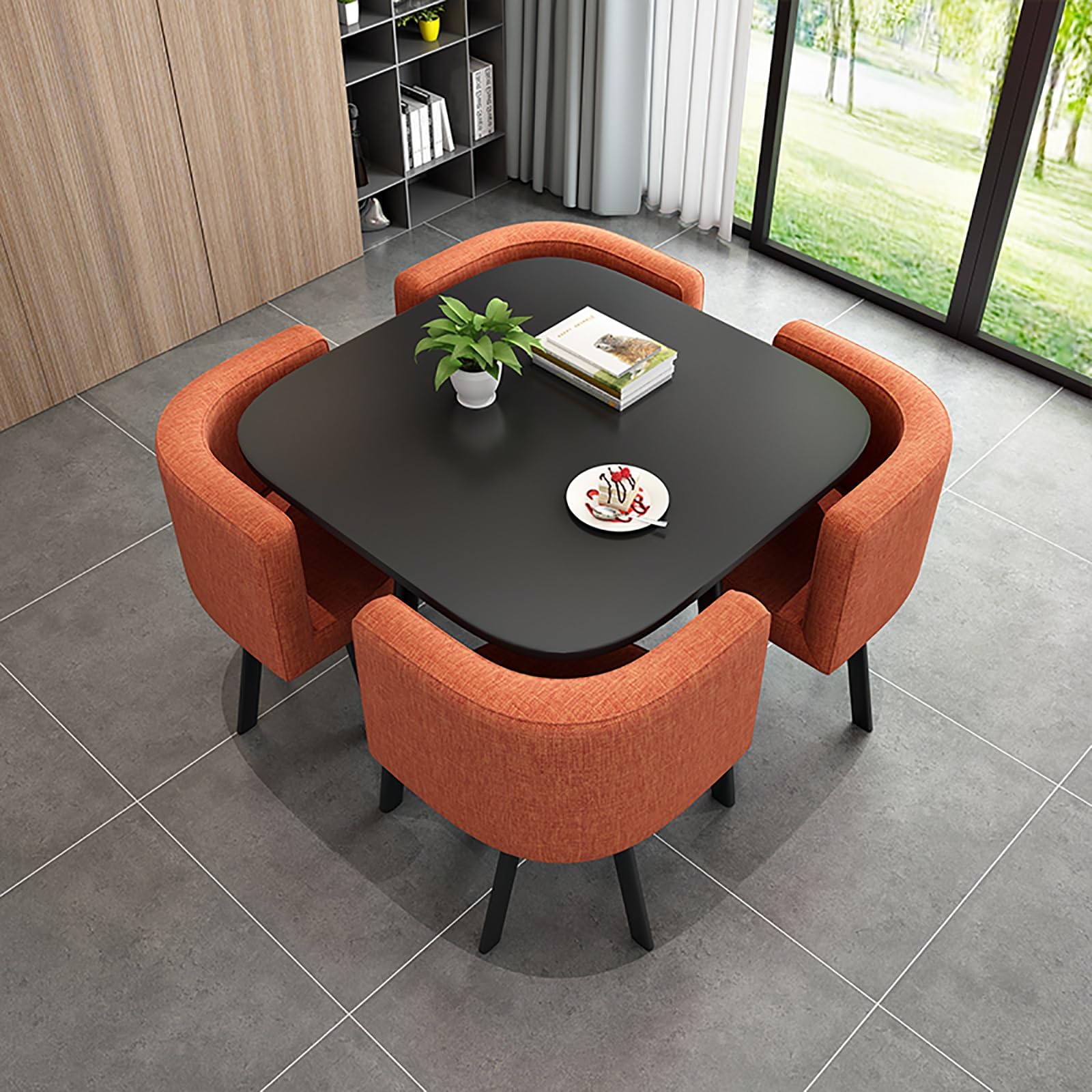 Round Dining Table Set for 4 with Marble Top and Chairs Office Reception Desk and Chair Set Suitable for Lounge Living Room Modern Furniture Dining Set,Orange-Square-Fabric
