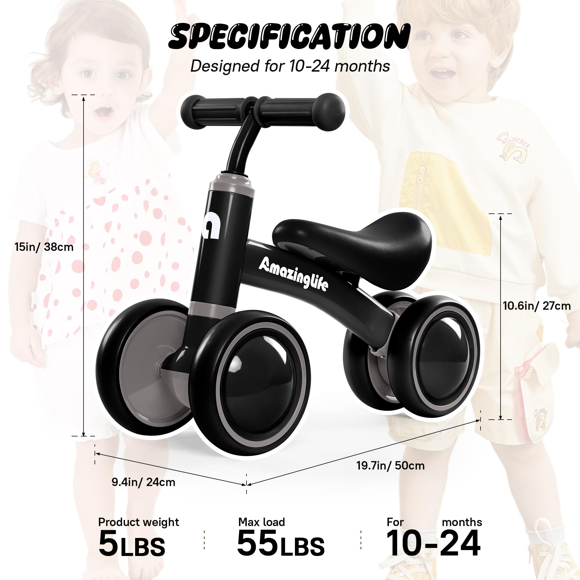Colorful Lighting Balance Bike 2 Year Old, 10-24 Months Baby