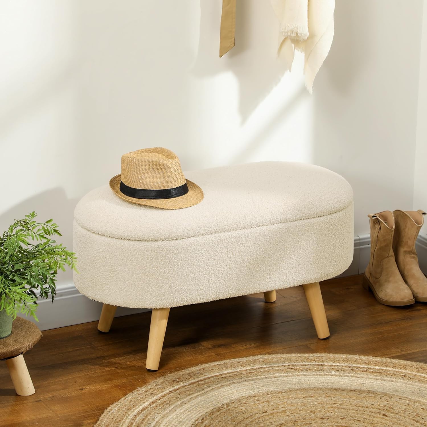 Royal Wood FURNISHINGS/Upholstered Ottoman Bench with Storage, Boucle Fabric, 39 Litre Hidden Storage, Heavy Duty 120 Kg Load Capacity, Multipurpose Seating for Living Room & Bedroom, (Beige)-image-23