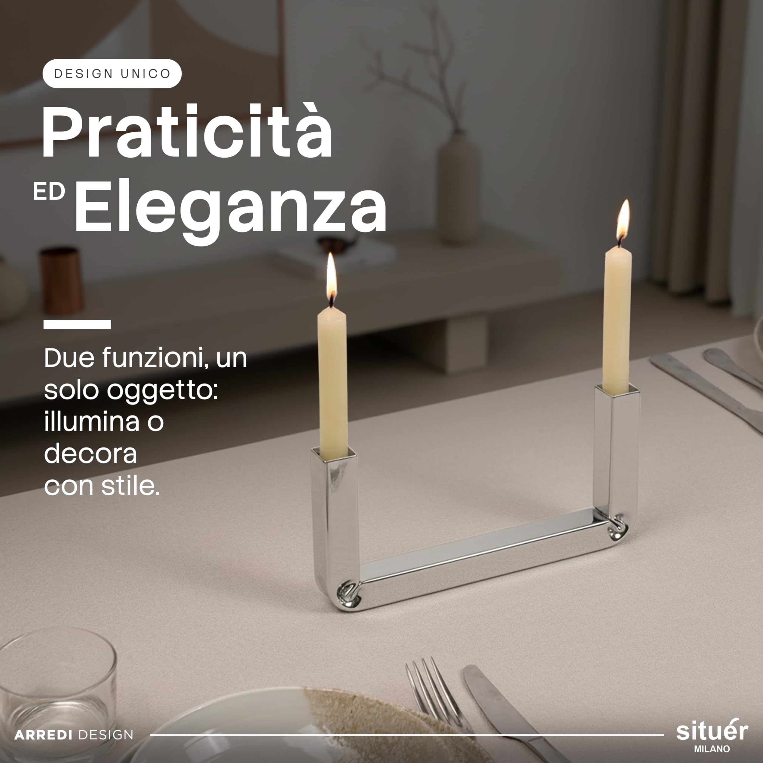 Situér Milano Lumiér Porta Candele da Tavolo 25x12cm di Design in Acciaio Cromato con Piega Brevettata - Candelabro Centrotavola Minimal e Moderno Made in Italy