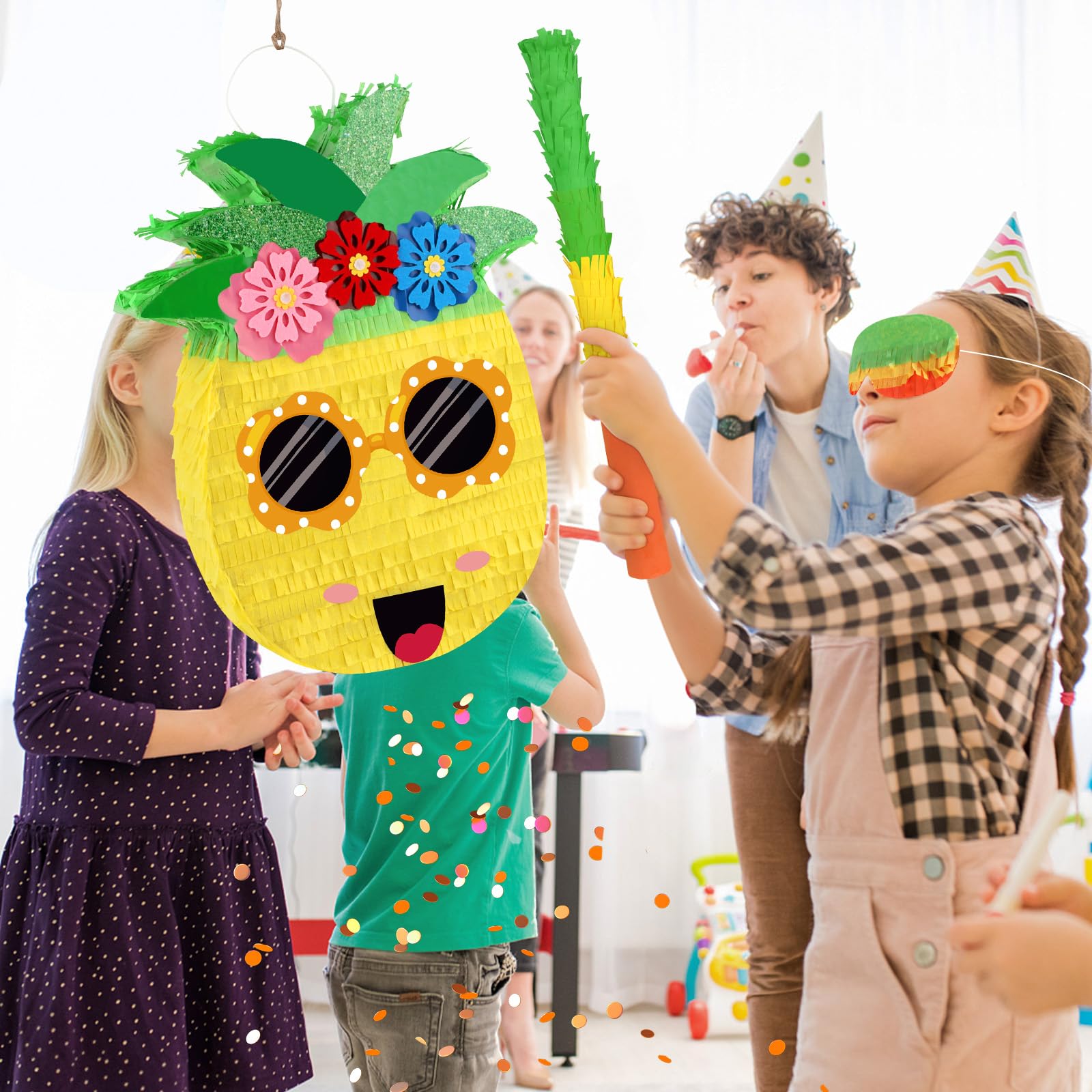 Piñata de piñata de verano con palo y venda para los ojos, piñatas grandes y divertidas, decoraciones de fiesta de frutas, juegos de piña para fiestas hawaianas tropicales luau, suministros