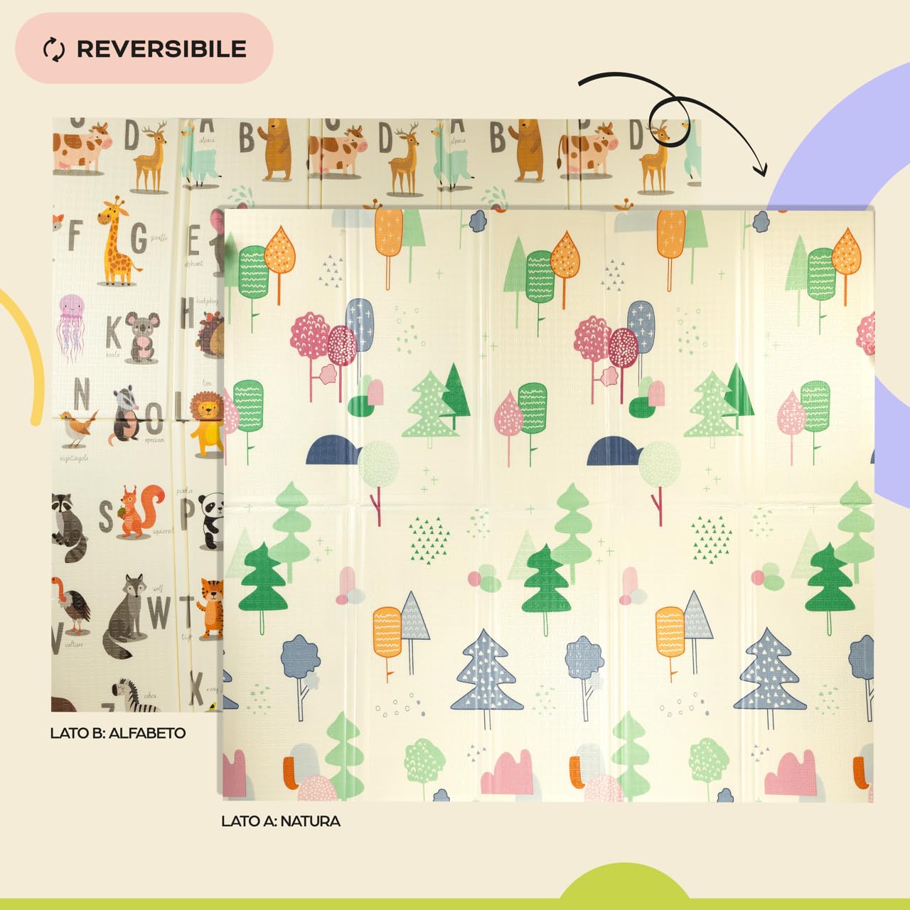 Tappeto da gioco bambini 150×200×1,5 cm pieghevole reversibile atossico impermeabile antiscivolo palestra neonato tummy time bambini arco giochi neonato 0-3/3-6/6-9 mesi sviluppo sensoriale - 2