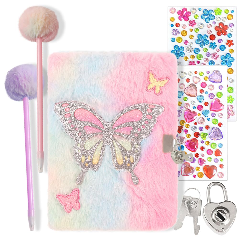 Belegao Secret Diary for Girls, Fluffy Journal with Lock Pens Rhinestone Stickers Plush Secret Diary Notebook Set for Home School Travel Writing (Butterfly, Pink Tie-Dye) — image 1