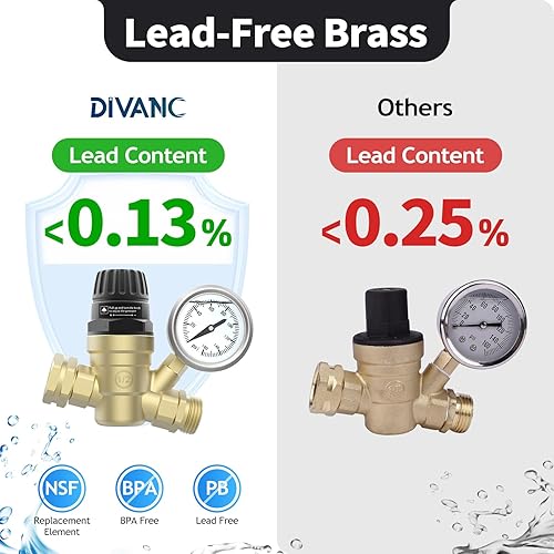 Miniatura 4 de Válvula reguladora de presión de agua para RV, reductor de presión de agua ajustable sin plomo de latón con manómetro y filtro de pantalla de