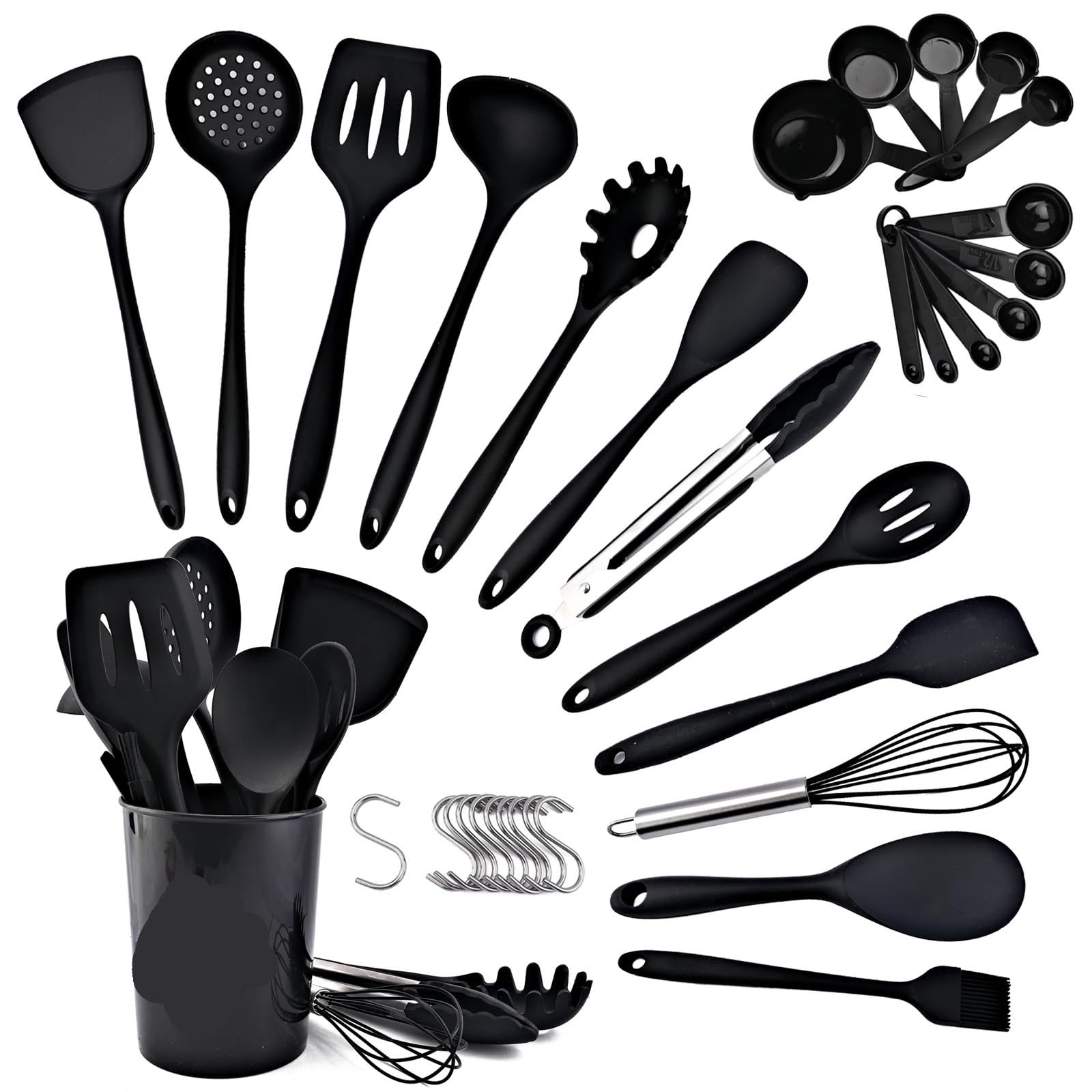 Silikon Küchenhelfer Set Schwarzes Silikon-Kochutensilien-Set, antihaftbeschichtet, Spachtel, Schaufel, Suppenlöffel(6Pcs Set)