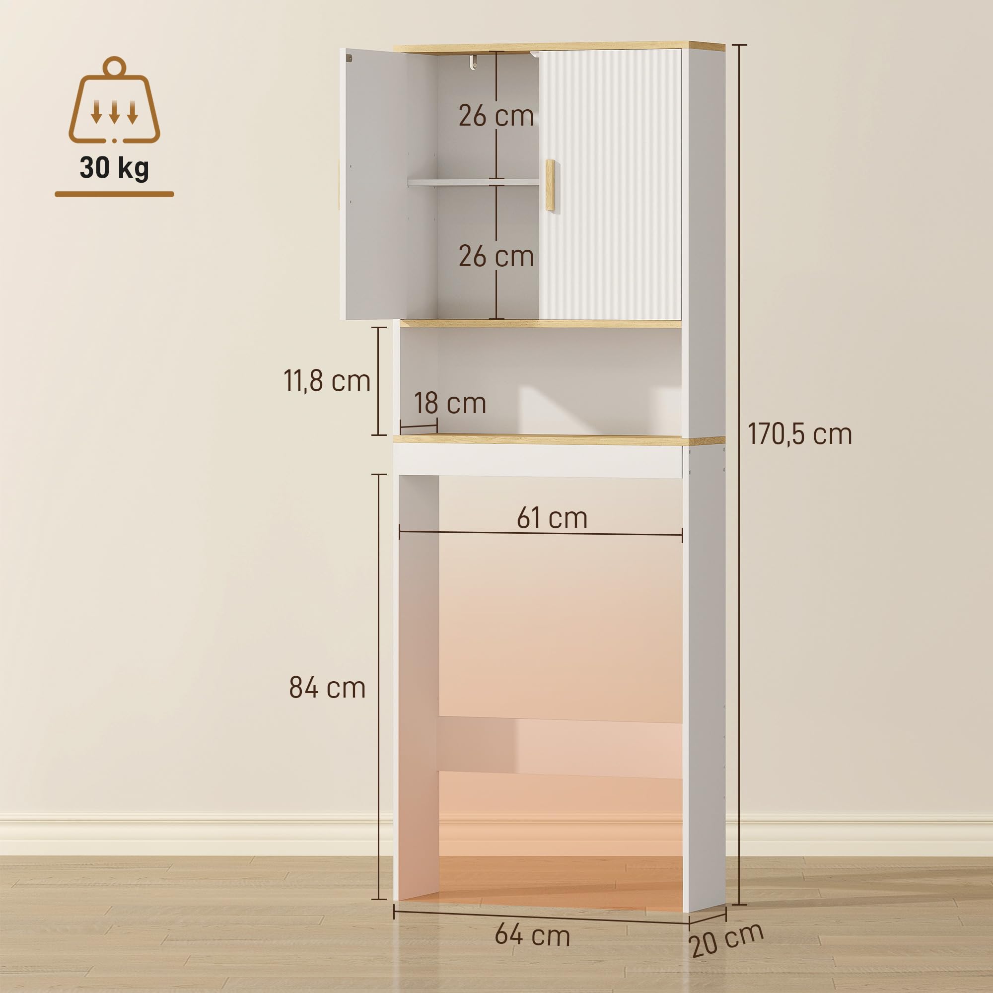 HOMCOM Estantería para Baño sobre Inodoro, Mueble Organizador de Baño de 3 Niveles con Estante Abierto, 2 Puertas y Estante Ajustable, 64x20x170,5 cm, Blanco