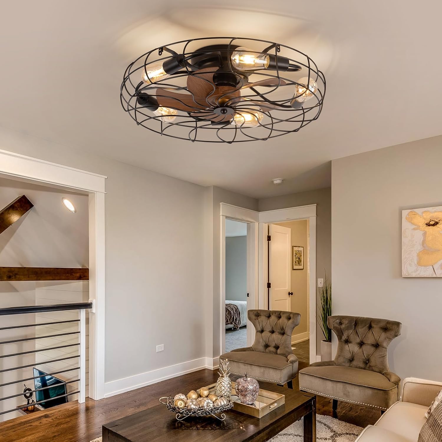 DIDER 24" Low Profile Caged Ceiling Fan with Lights Remote Control, LED Bulbs Inlcuded, Farmhouse Rustic Black Ceiling Fan Fixture for Bedroom, Living Room, Dining Room, Kitchen