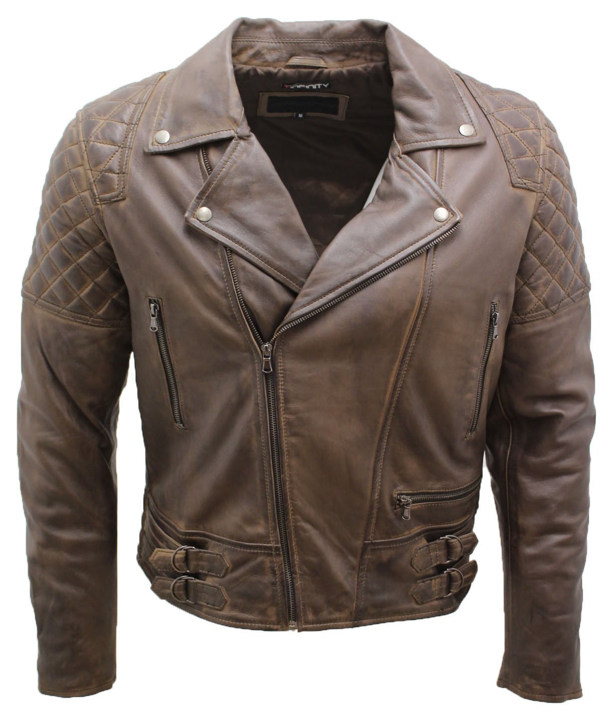 Chaqueta Motera de Cuero Marrón Broncearse Claro Oliva de los Hombres