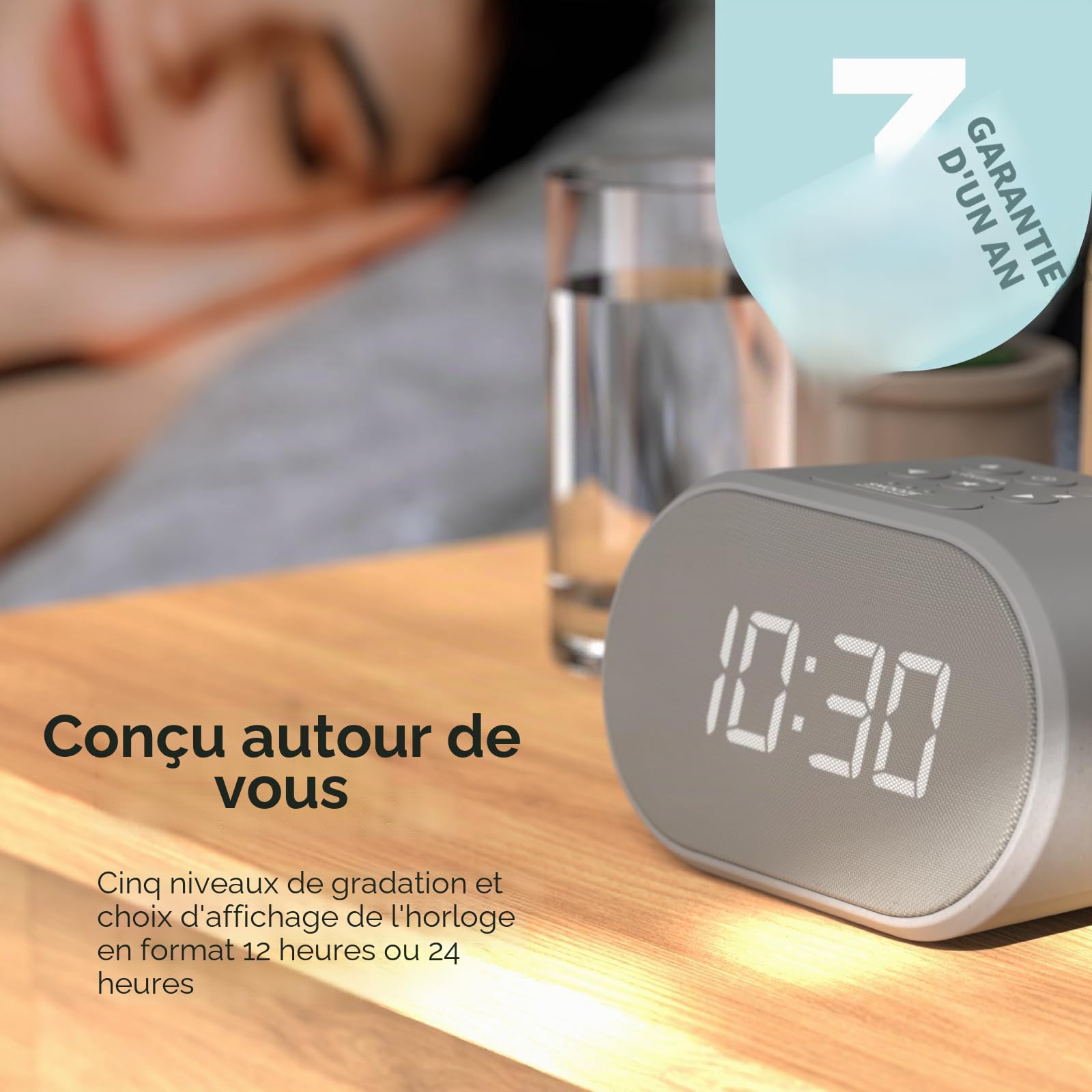 i-box Radio Reveil avec Chargeur USB et Radio FM, Horloge Digitale, Reveil Matin avec Ecran à 5 Niveaux de Luminosité, Réveil Numérique (Gris)