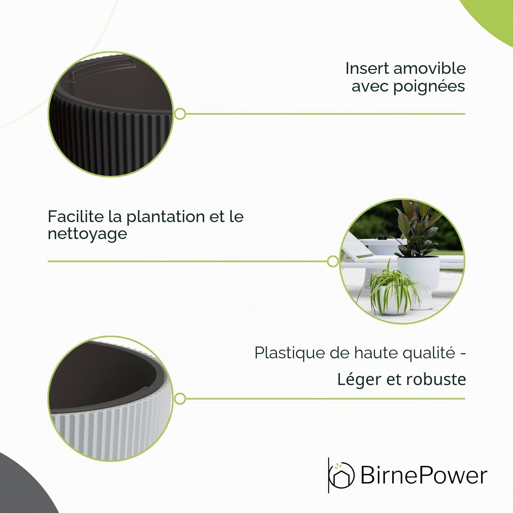 BirnePower Pot de Fleurs Rond Milly avec Insert Amovible, Cache-Pot Design Côtelé Élégant pour Intérieur et Extérieur, Résistant au Gel et UV, DBMIG 400, Anthracite