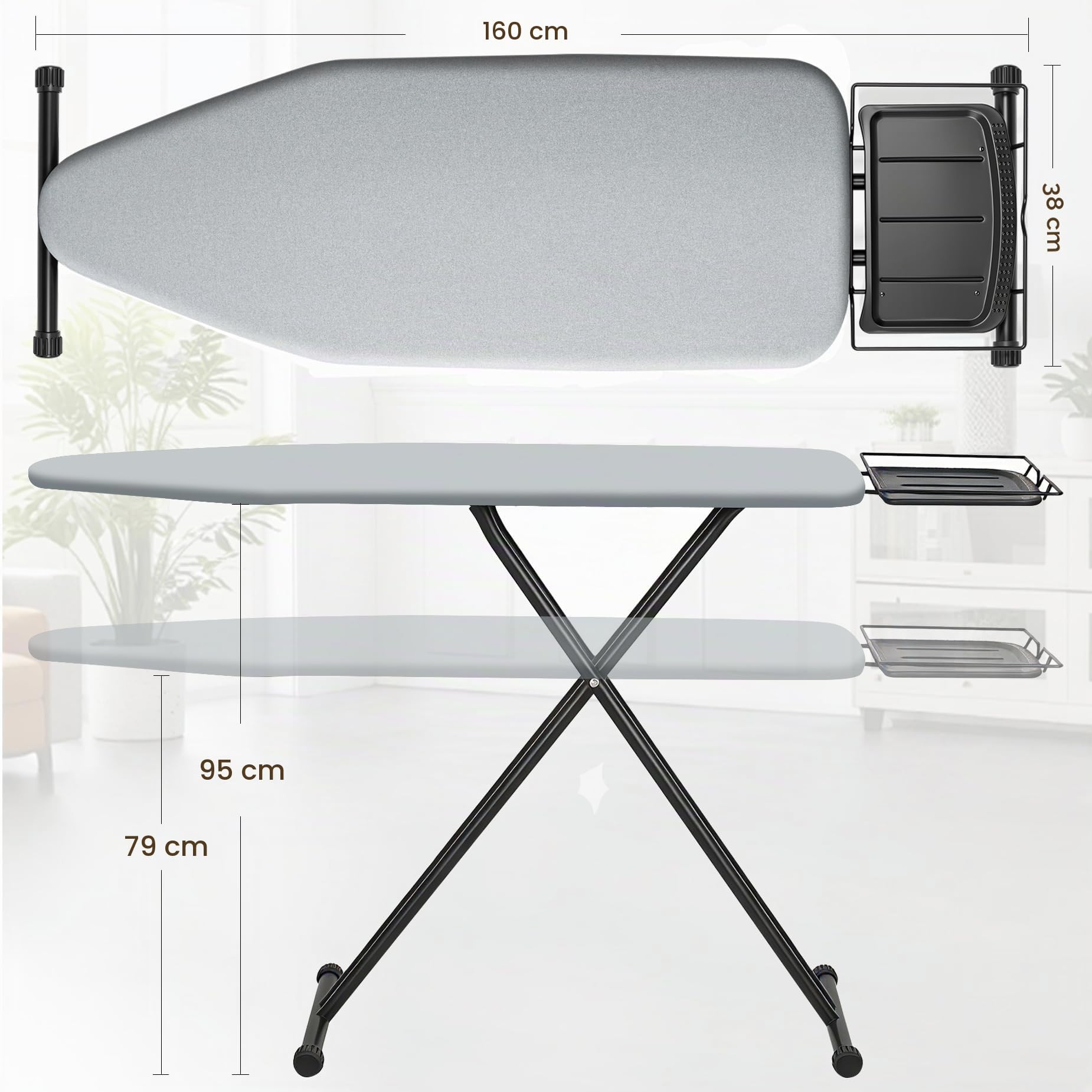 Bügelbrett 159 x 46 cm Volle Größe mit Bügeleisenablage, für Dampfbügeleisen geeignet, Stabile Gestell, Bequeme Lagerung, Ironing Board Grau
