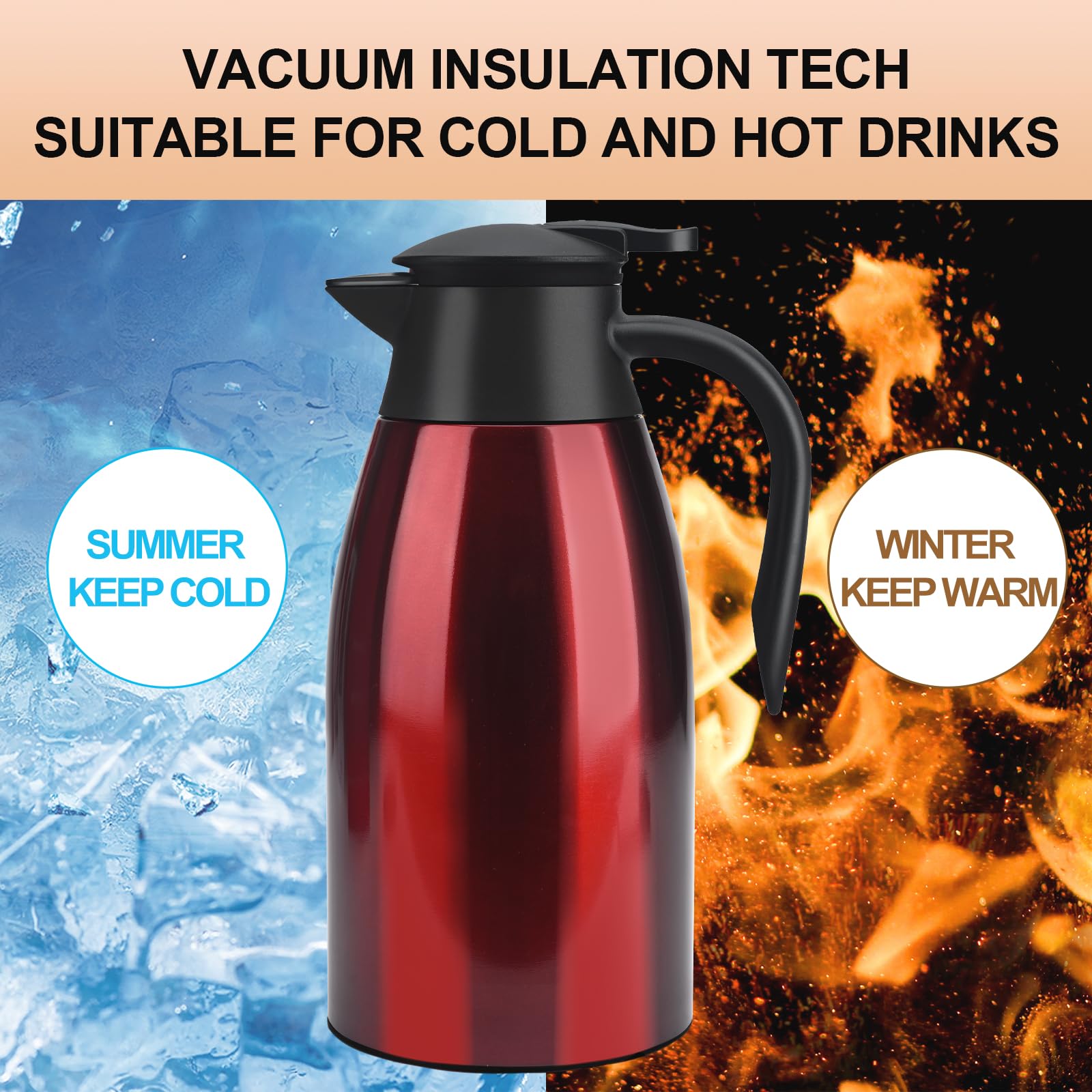 Caraffa Termica 2 litri in Acciaio Inox, Thermos Caffe, Teiera termica, Thermos a Doppia Parete, Isolata Sotto Vuoto, con Coperchio a Pressione per tè/Acqua Brocca Conservazione a Freddo o Caldo