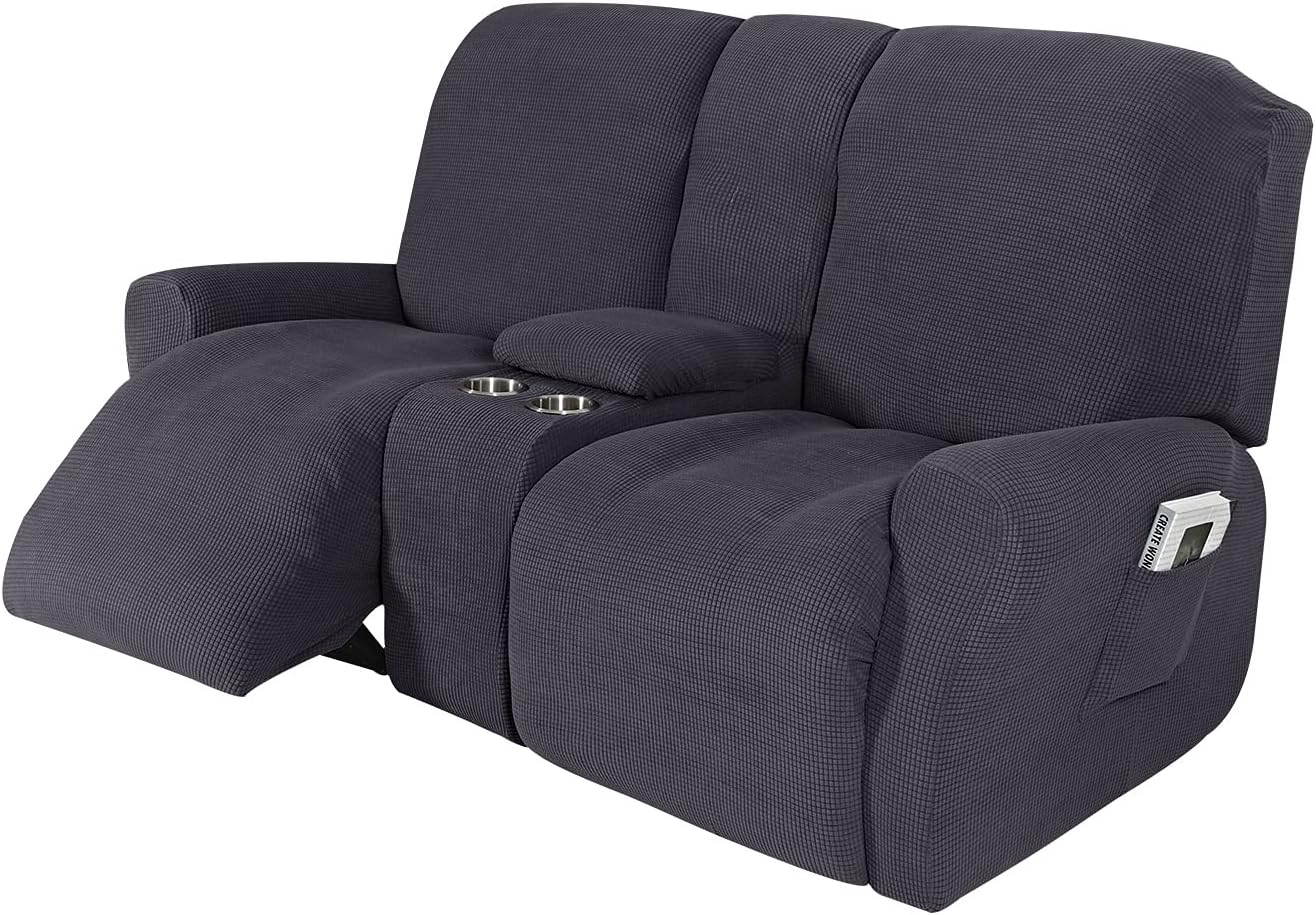 NILUOH Reclining Loveseat with Console Slipcover, 8-Piece Stretch Jacquard Recliner Cover 2 seat Loveseat Recliner Sofa Cover Non Slip Recliner Couch Cover with Storage Pocket (Dark Grey)