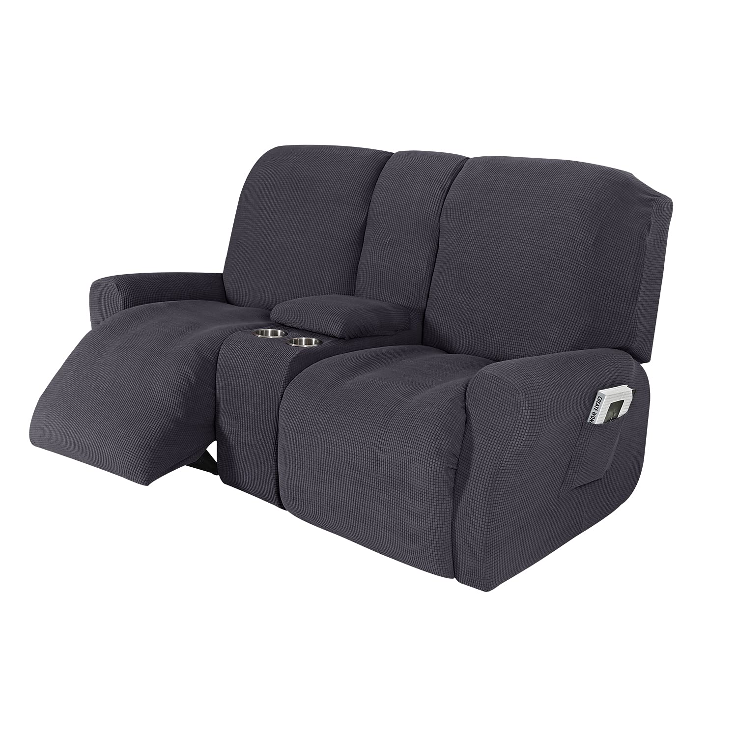 NILUOH Reclining Loveseat with Console Slipcover, 8-Piece Stretch Jacquard Recliner Cover 2 seat Loveseat Recliner Sofa Cover Non Slip Recliner Couch Cover with Storage Pocket (Dark Grey)