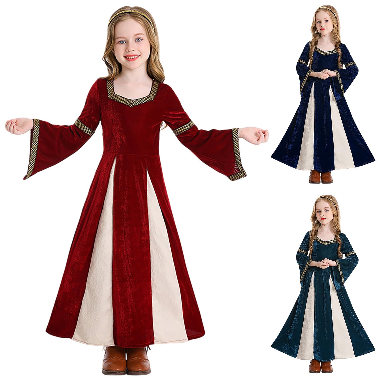 Girls Vintage Medieval Costume Kids Medieval Renaissance Dress Long Dress Trumpet Sleeve Style Outfit for Drama Musical Stage Performance School Party