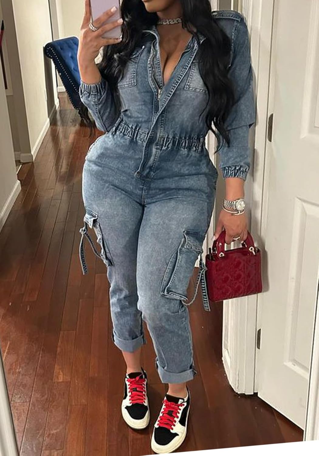 Tbahhir Denim Overalls for Women Cargo V Neck Long Sleeve Tunic Jumpsuits Slim Fit Long Jean Romper with Pockets - Image 2