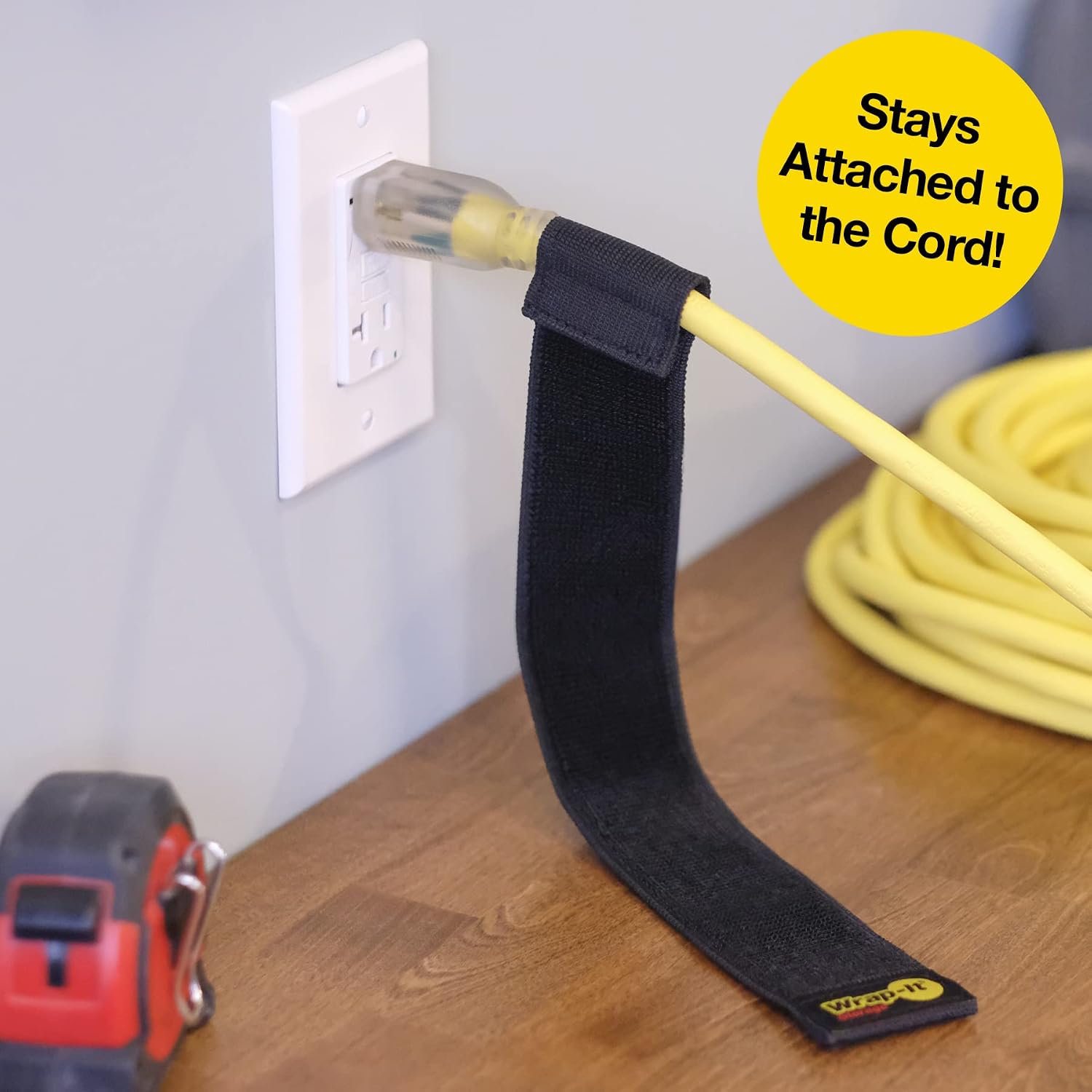 Selfie Straps by Wrap-It Storage, 16-inch (6-Pack), Black - Stretchy Hook and Loop Cord Organizer that Stays Attached to Cord for Electrical Cable Management and Organization